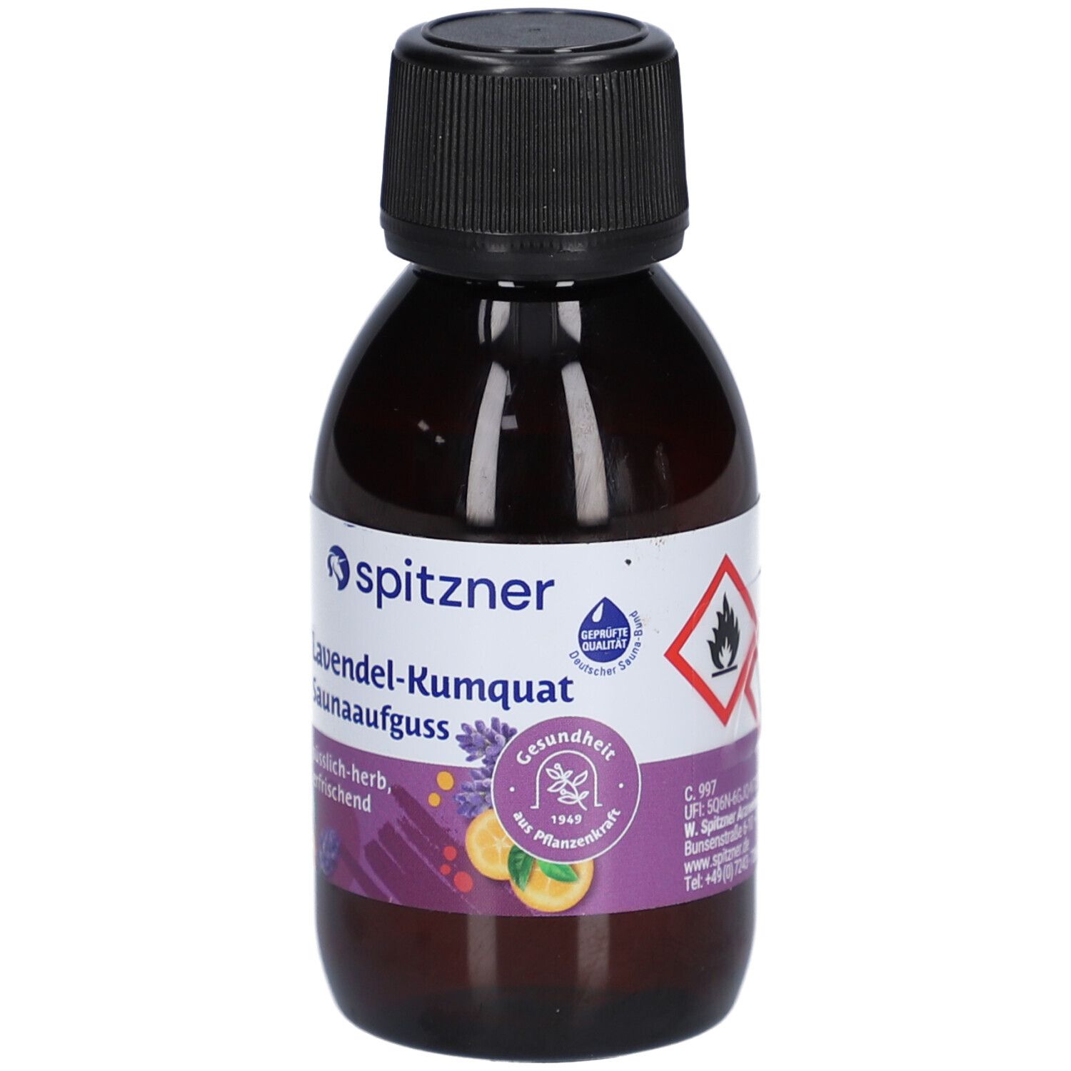 Braune Flasche mit schwarzem Verschluss. Etikett mit Produktnamen, Marke spitzner und Gesundheitszeichen. Warnsymbol für Entzündbarkeit.