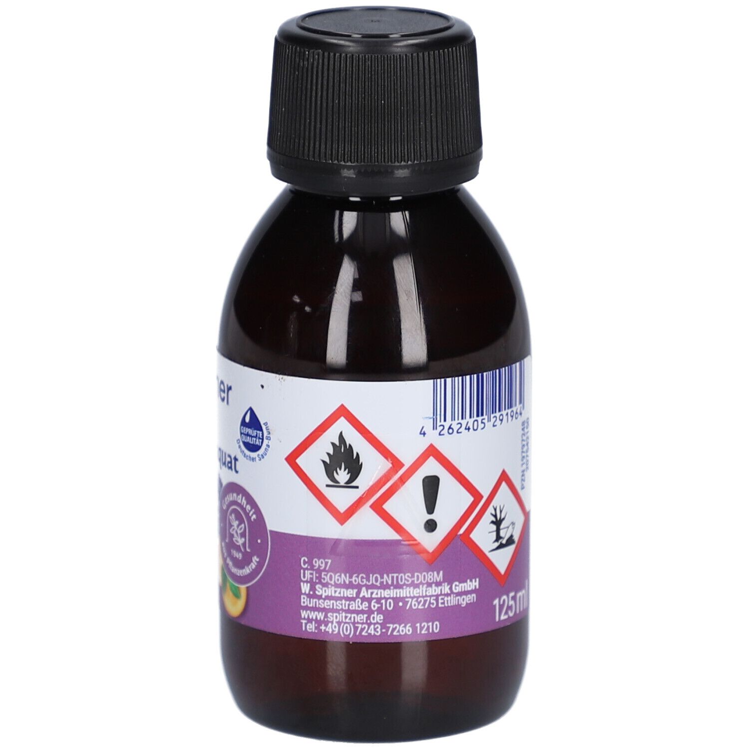 Braune Flasche mit schwarzem Verschluss. Etikett mit Warnsymbolen, Volumenangabe 125 ml und Marke spitzner. Produktname sichtbar.