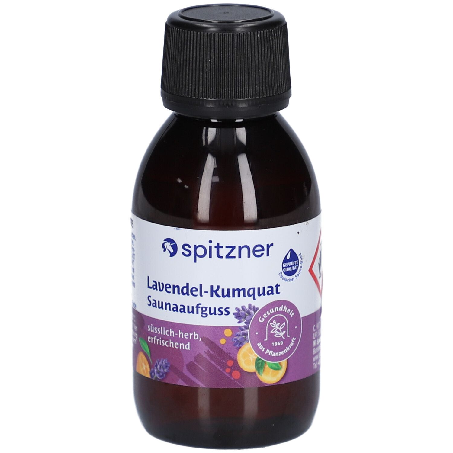 Braune Flasche mit schwarzem Verschluss. Etikett mit Produktnamen, Marke spitzner und Gesundheitszeichen. Illustrationen von Lavendel und Kumquat.