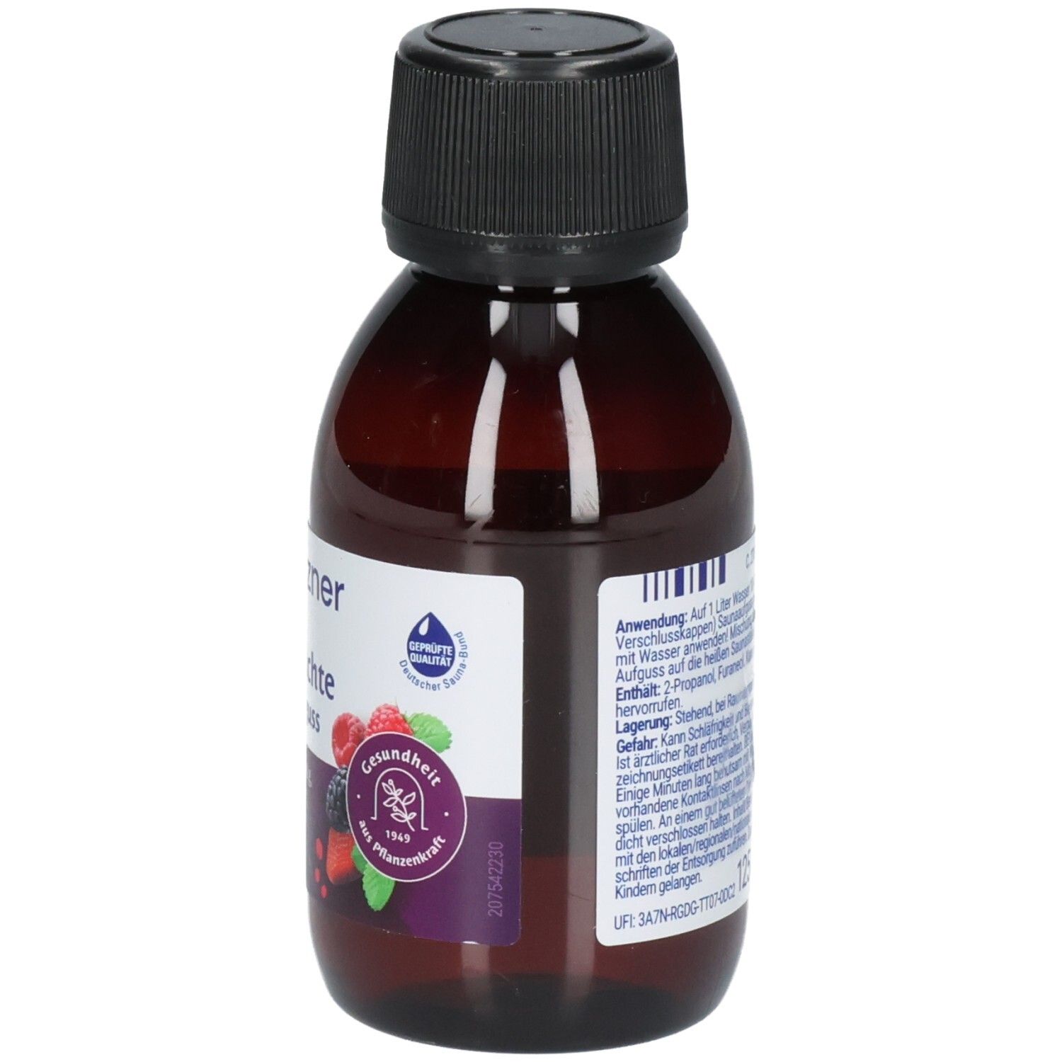 Braune Glasflasche mit schwarzem Schraubverschluss, gefüllt mit dunkler Flüssigkeit. Etikett mit Beerenabbildung und Anwendungshinweisen.
