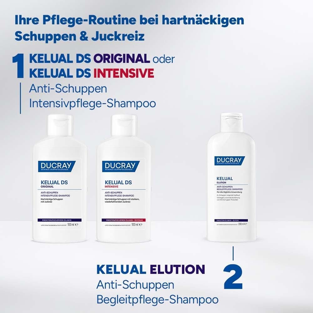 Drei Shampoo-Flaschen. Text: Ihre Pflege-Routine bei hartnäckigen Schuppen & Juckreiz. KELUAL DS ORIGINAL, INTENSIVE.