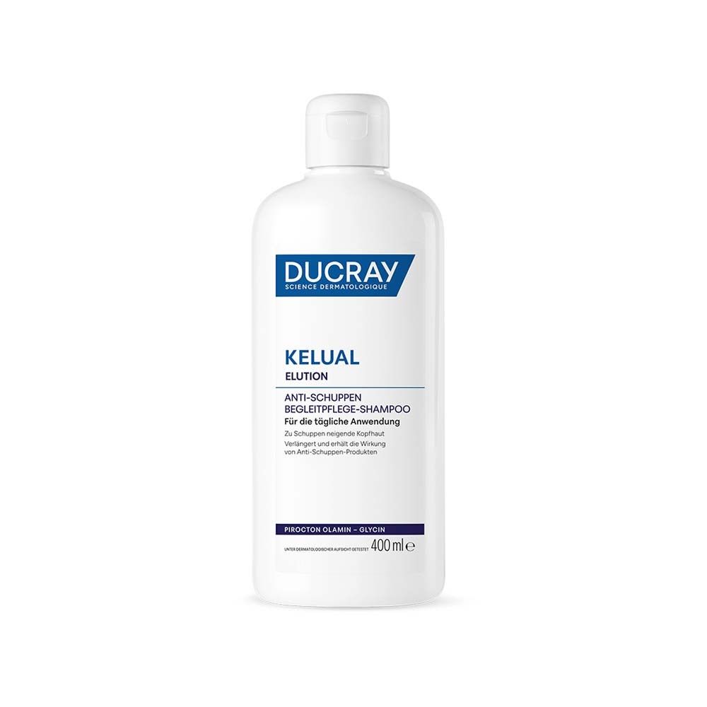 Weiße Flasche mit weißem Deckel. Aufschrift: DUCRAY, KELUAL ELUTION, Anti-Schuppen Begleitpflege-Shampoo. 400 ml.