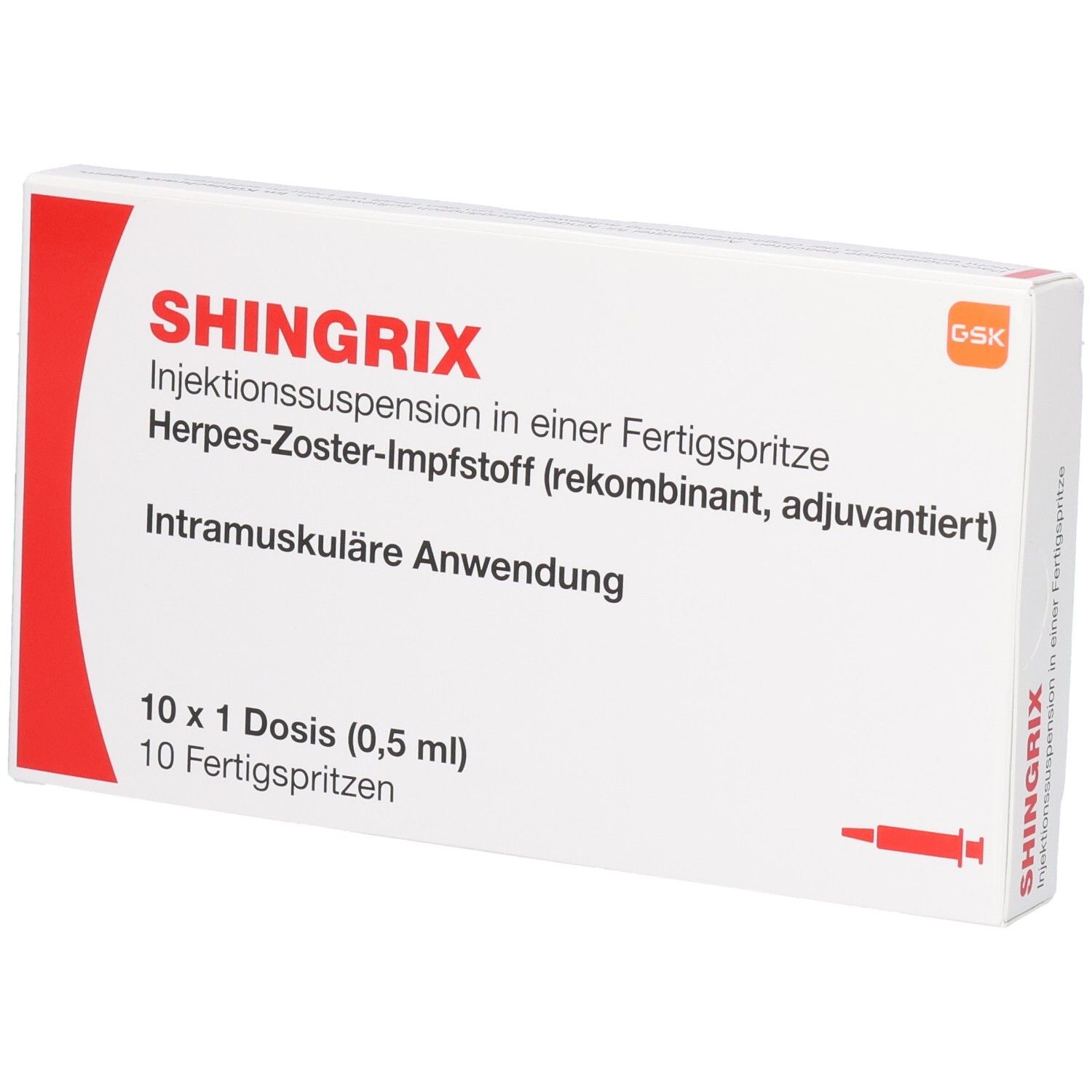 SHINGRIX Impfstoff-Packung mit 10 Fertigspritzen, 0,5 ml pro Dosis.