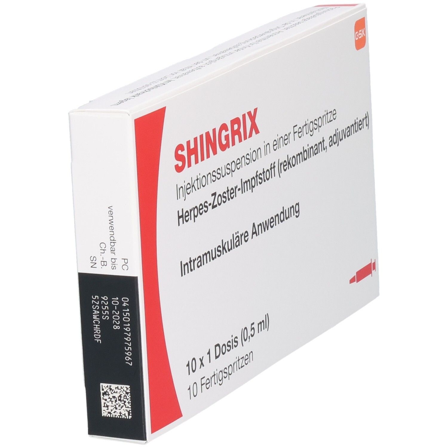 SHINGRIX Impfstoff-Packung, Rückseite mit Chargen- und Verfallsdatum.
