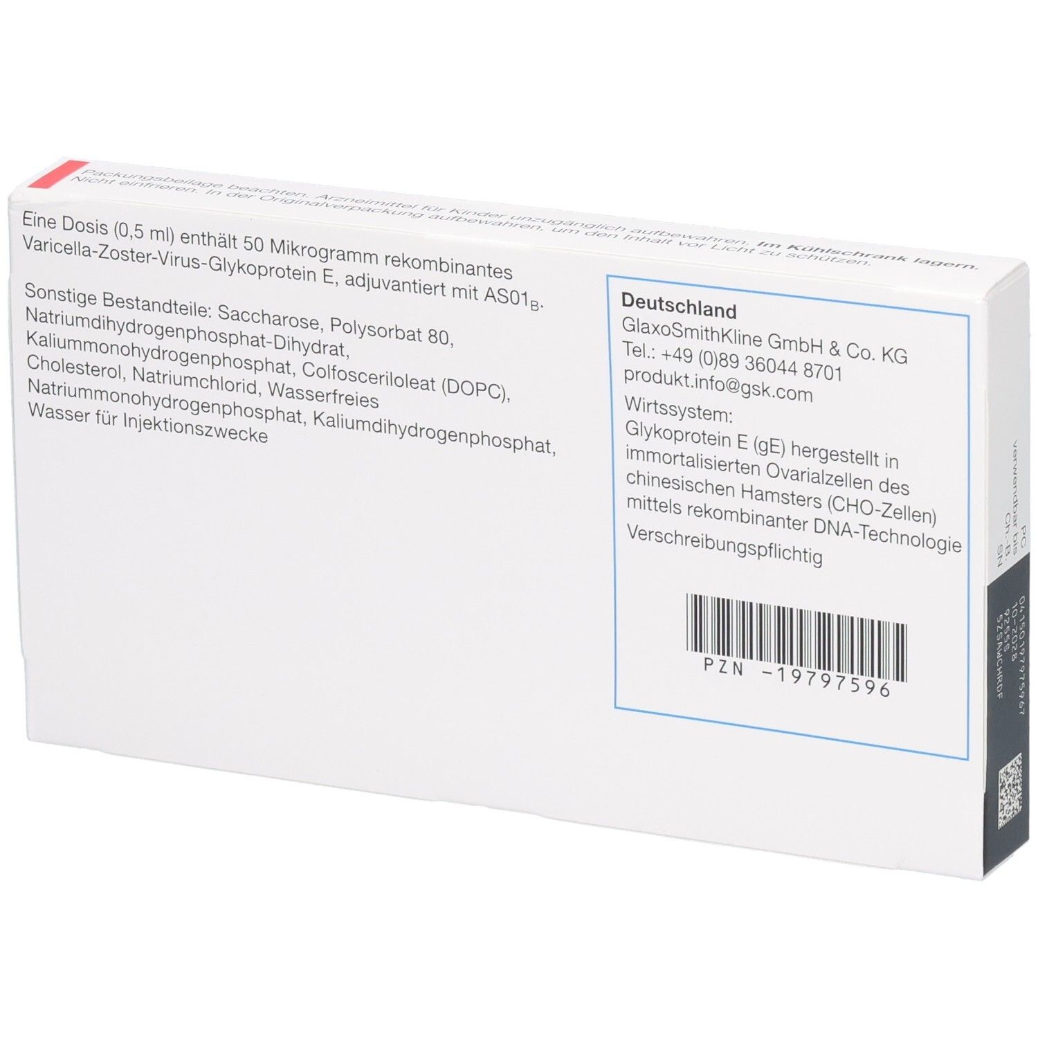 Rückseite der SHINGRIX Impfstoff-Packung mit Inhaltsstoffen und Herstellerangaben.