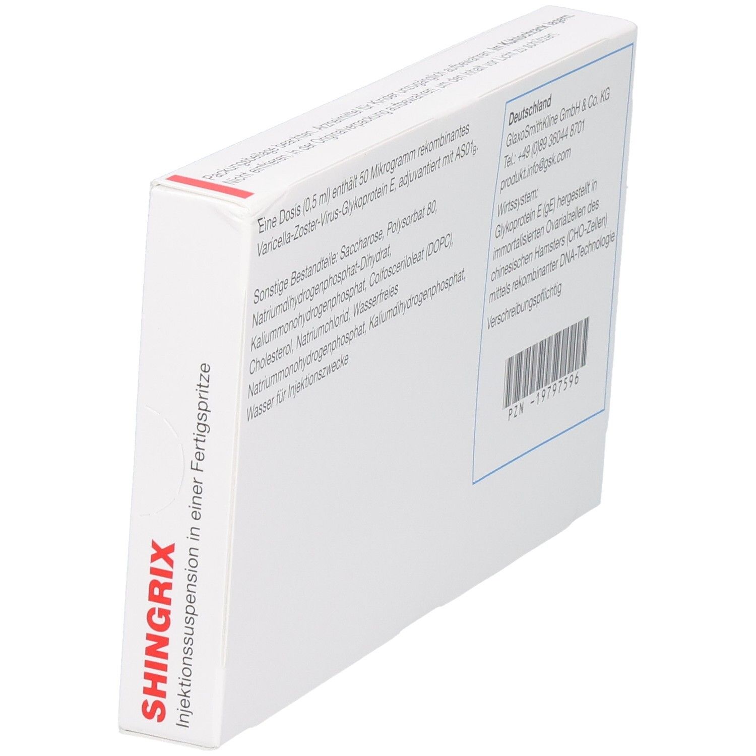 SHINGRIX Impfstoff-Packung, Seitenansicht mit Beschriftung.
