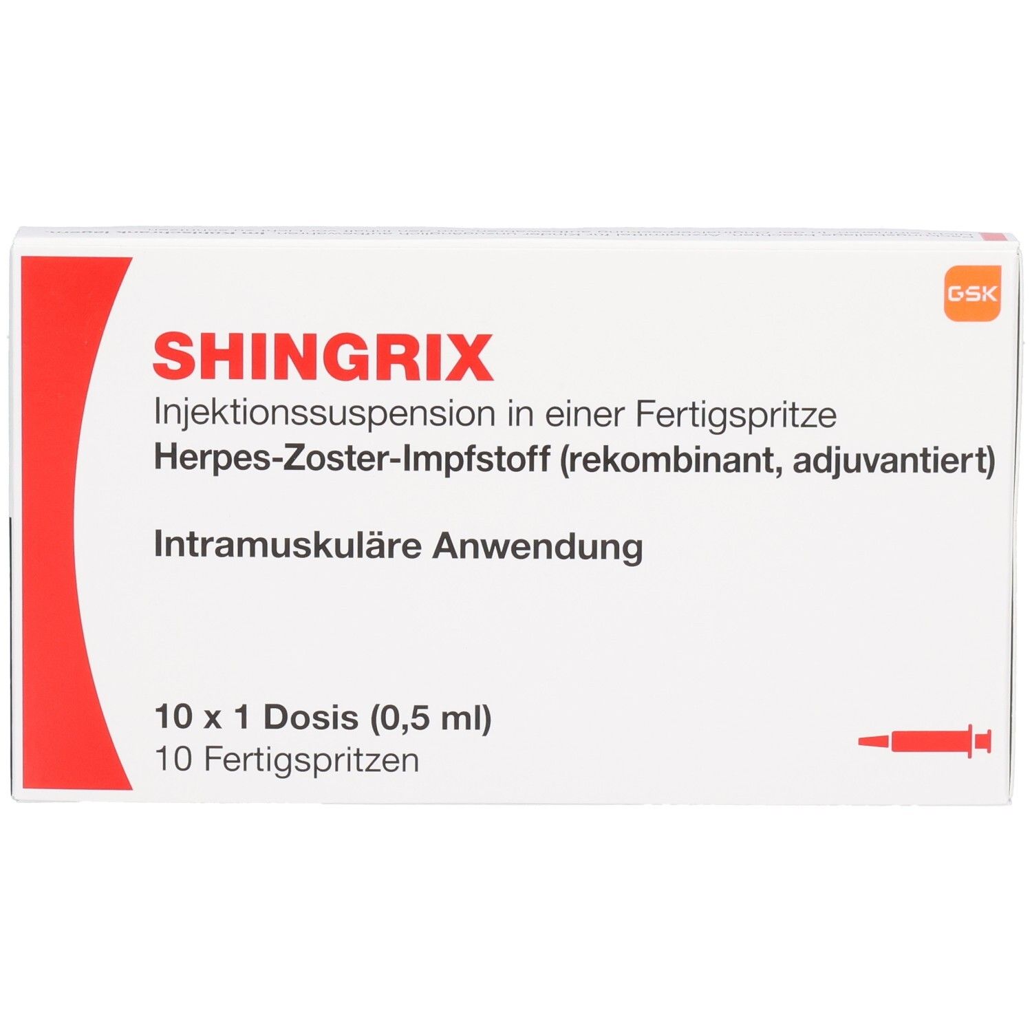SHINGRIX Impfstoff-Packung mit 10 Fertigspritzen, 0,5 ml pro Dosis.