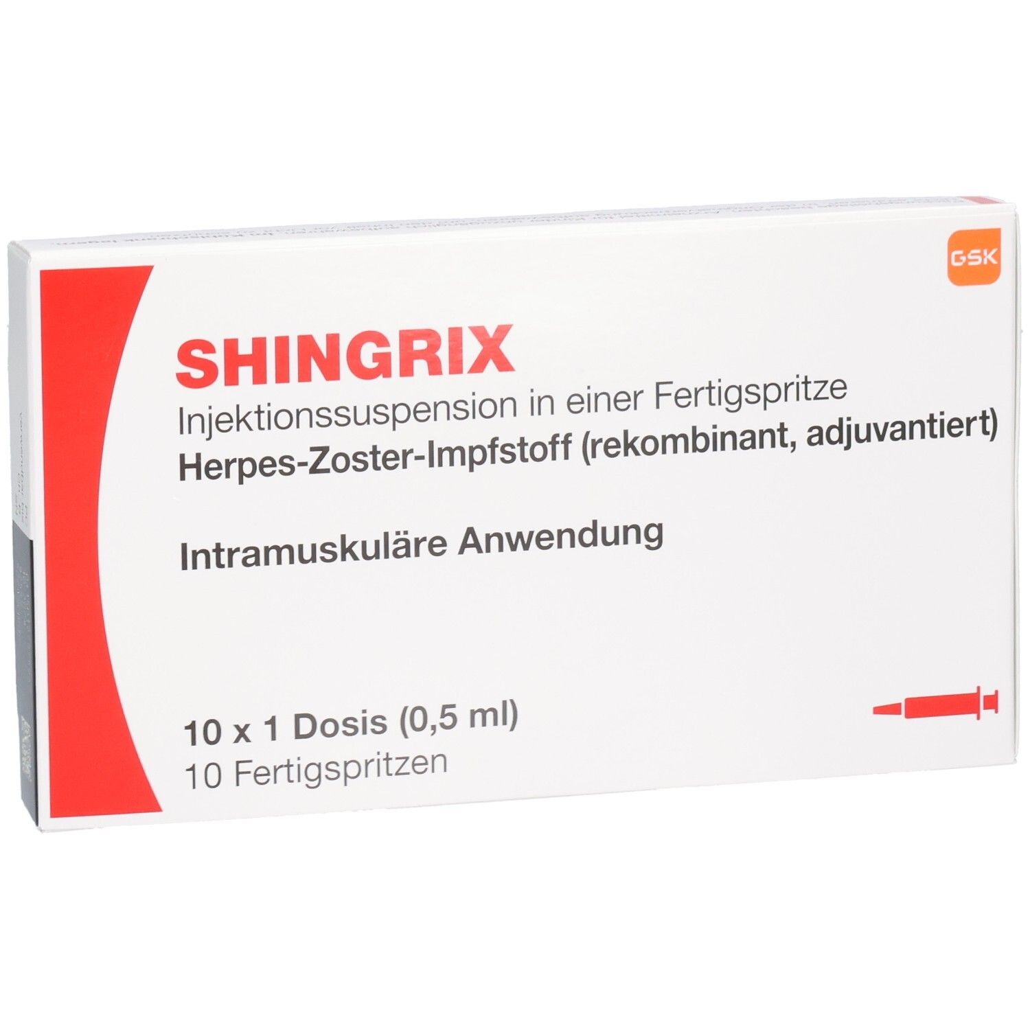 SHINGRIX Impfstoff-Packung mit 10 Fertigspritzen, 0,5 ml pro Dosis.