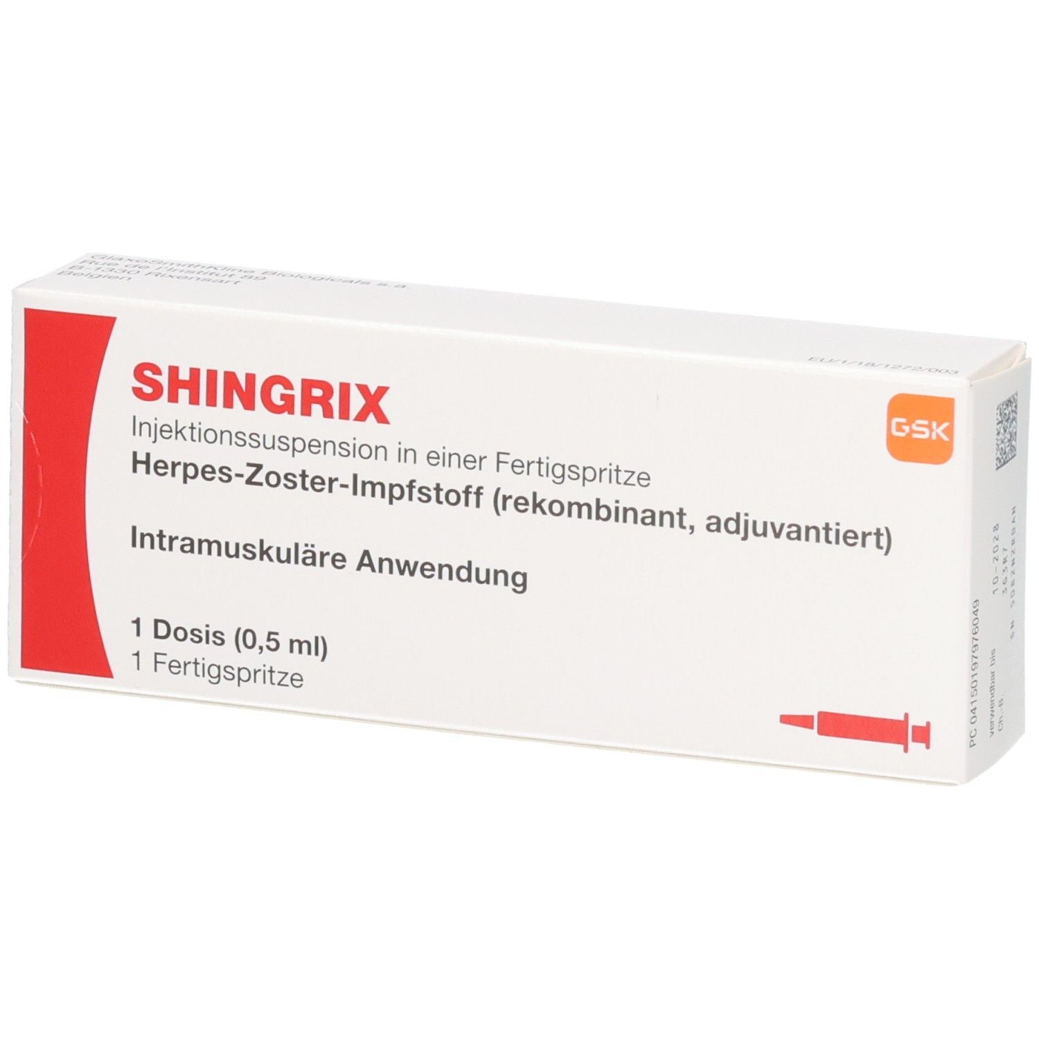 SHINGRIX Injektionssuspension in einer Fertigspritze, Herpes-Zoster-Impfstoff, 1 Dosis (0,5 ml).