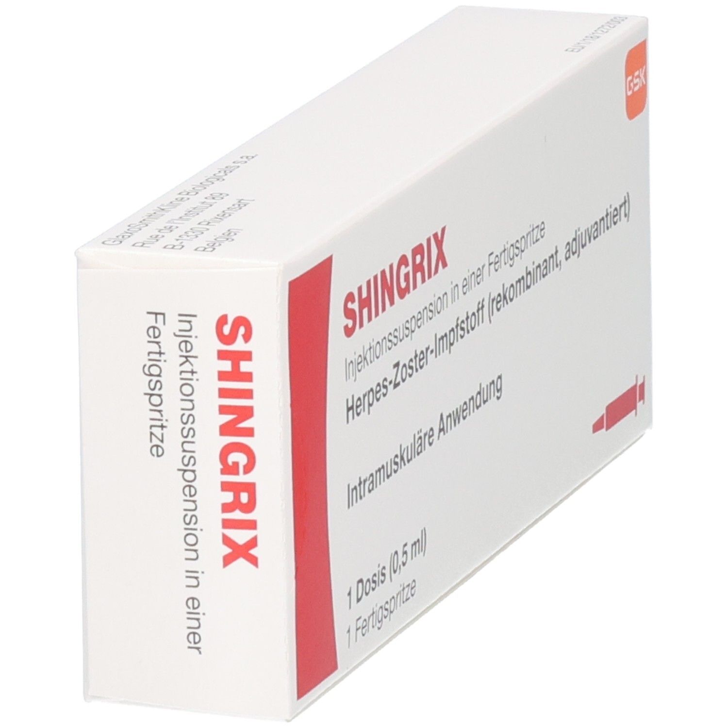 SHINGRIX Injektionssuspension in einer Fertigspritze, Herpes-Zoster-Impfstoff, 1 Dosis (0,5 ml).