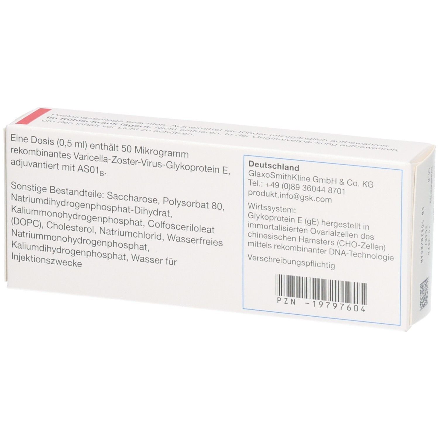 SHINGRIX Injektionssuspension, 1 Dosis (0,5 ml). Enthält 50 Mikrogramm rekombinantes Varicella-Zoster-Virus-Glykoprotein E.