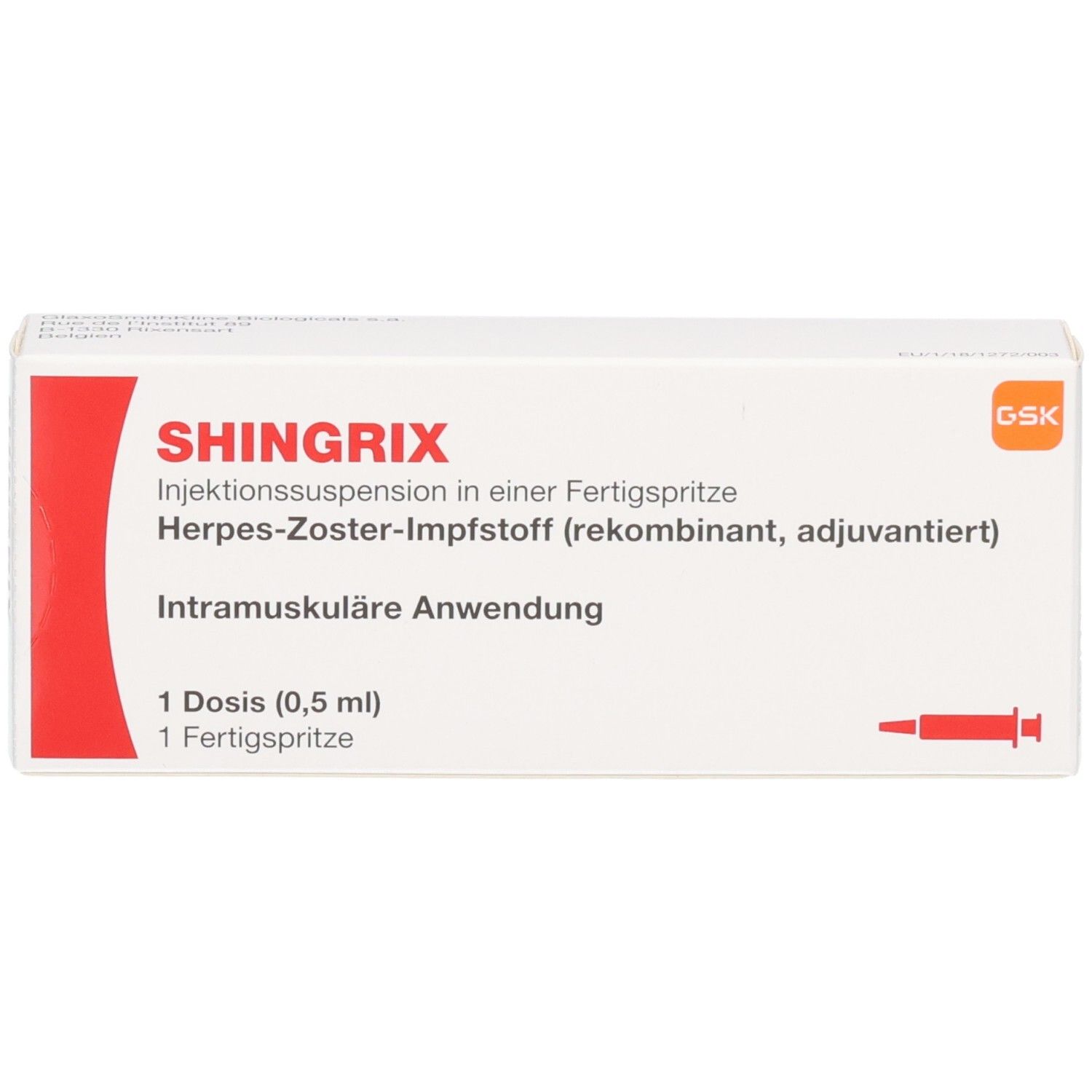 SHINGRIX Injektionssuspension in einer Fertigspritze, Herpes-Zoster-Impfstoff, 1 Dosis (0,5 ml).