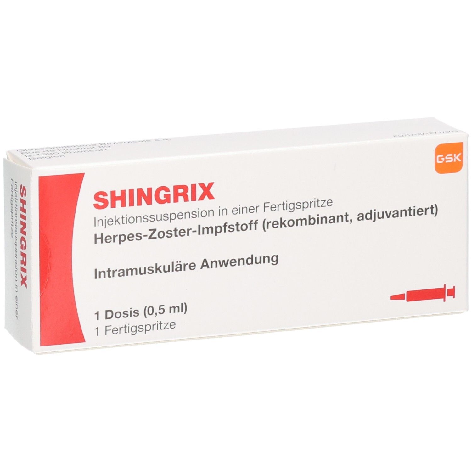 SHINGRIX Injektionssuspension in einer Fertigspritze, Herpes-Zoster-Impfstoff, 1 Dosis (0,5 ml).