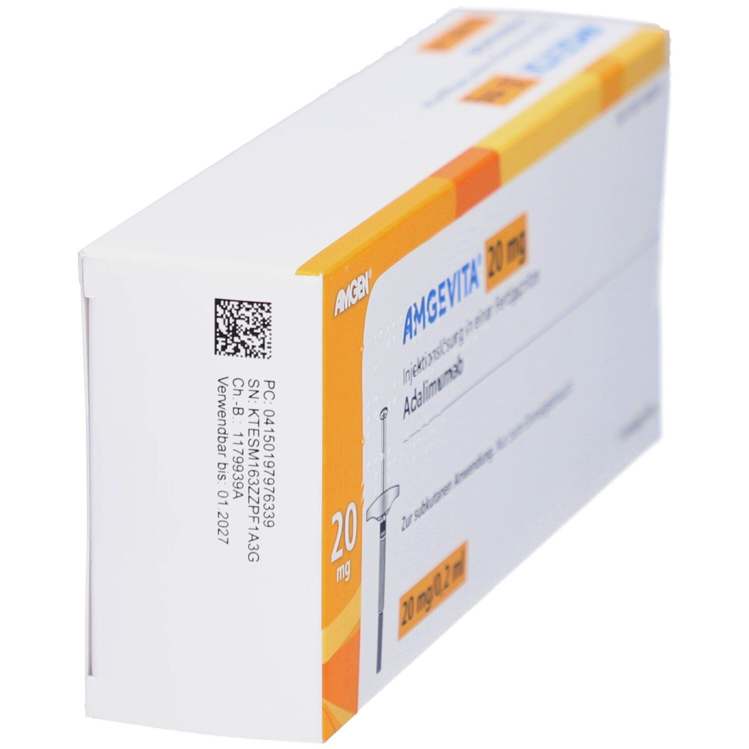AMGEVITA 20 mg Fertigspr. Weiße Schachtel mit gelben Akzenten. Seitenansicht mit Barcode und Text.