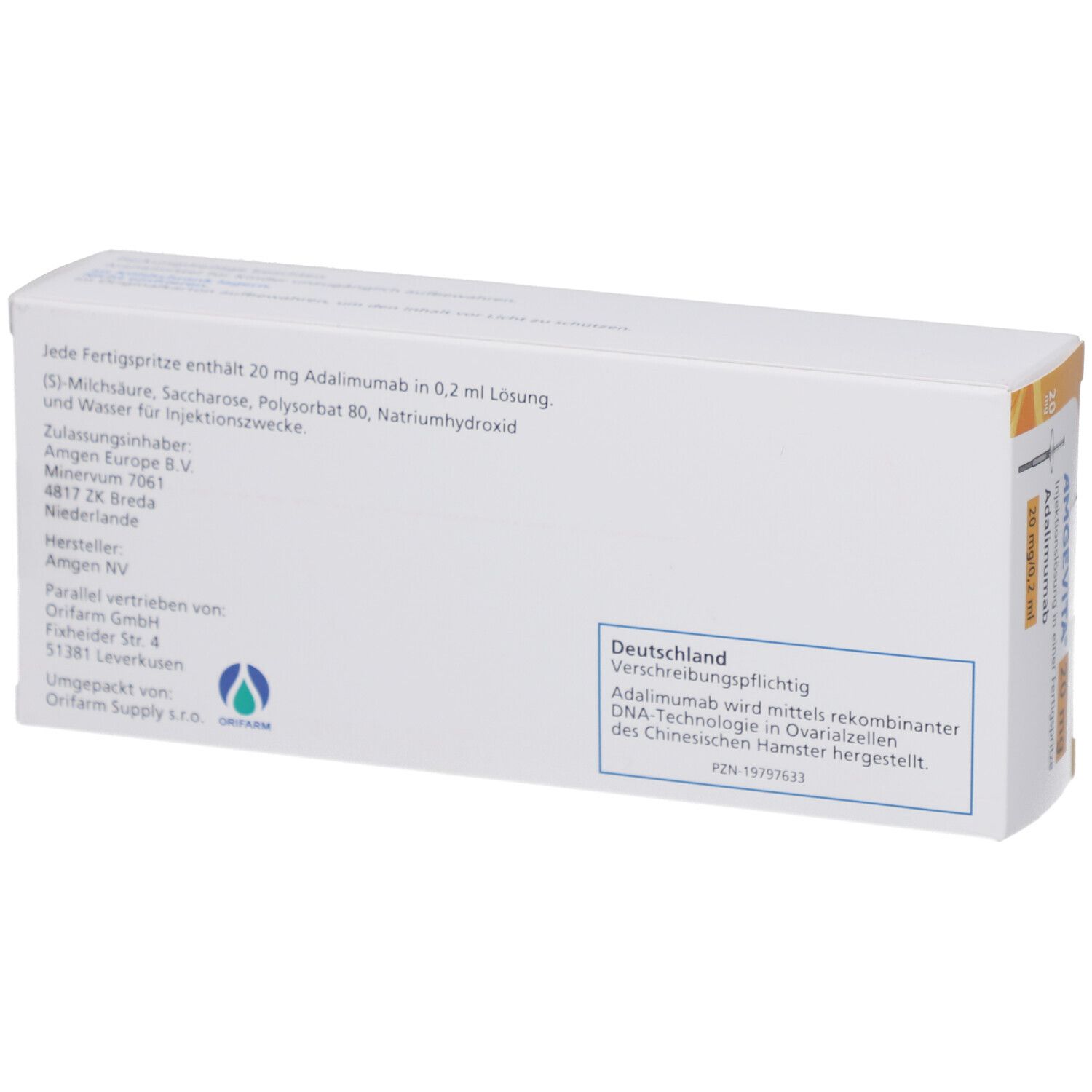AMGEVITA 20 mg Fertigspr. Weiße Schachtel mit Text. Rückseite mit Inhaltsstoffen und Herstellerinformationen.