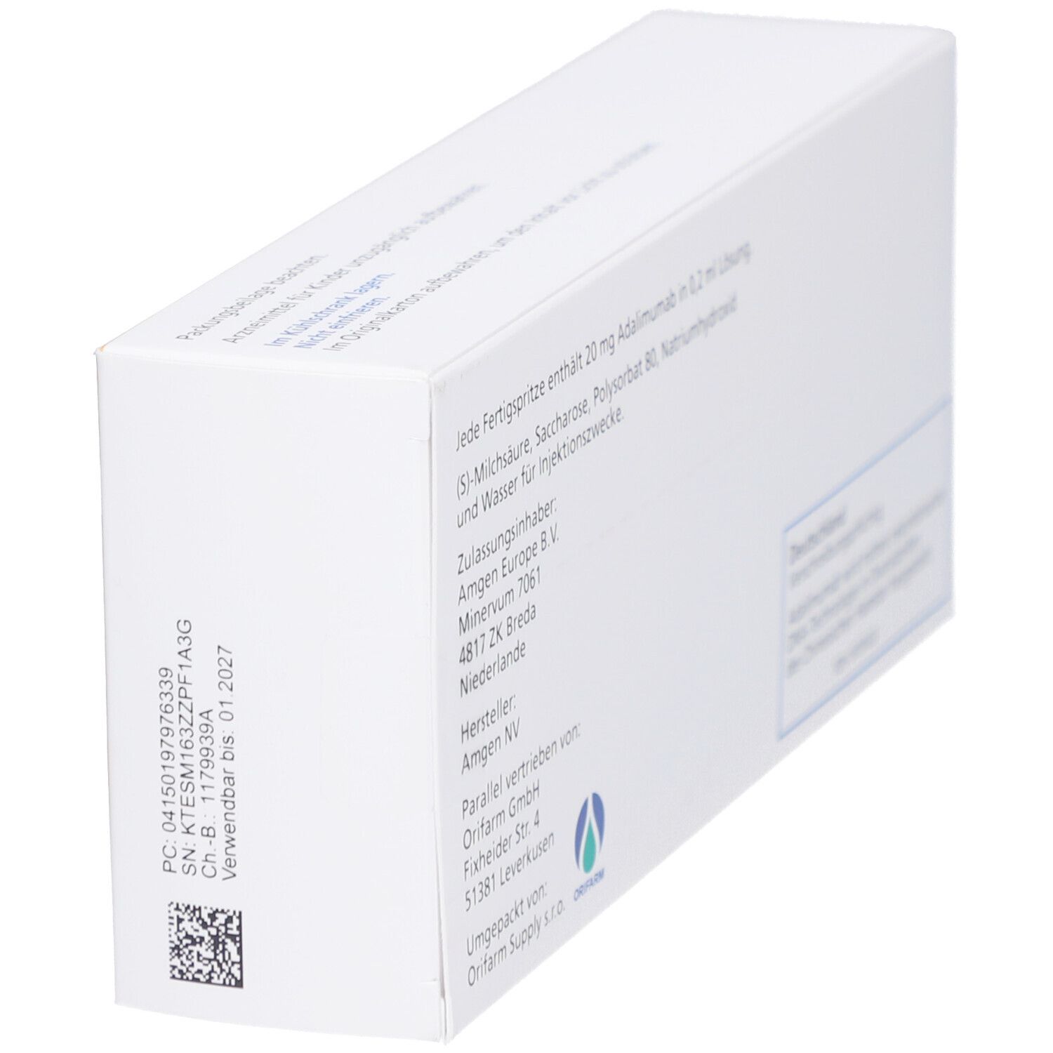 AMGEVITA 20 mg Fertigspr. Weiße Schachtel mit Text. Rückseite mit Inhaltsstoffen und Herstellerinformationen.