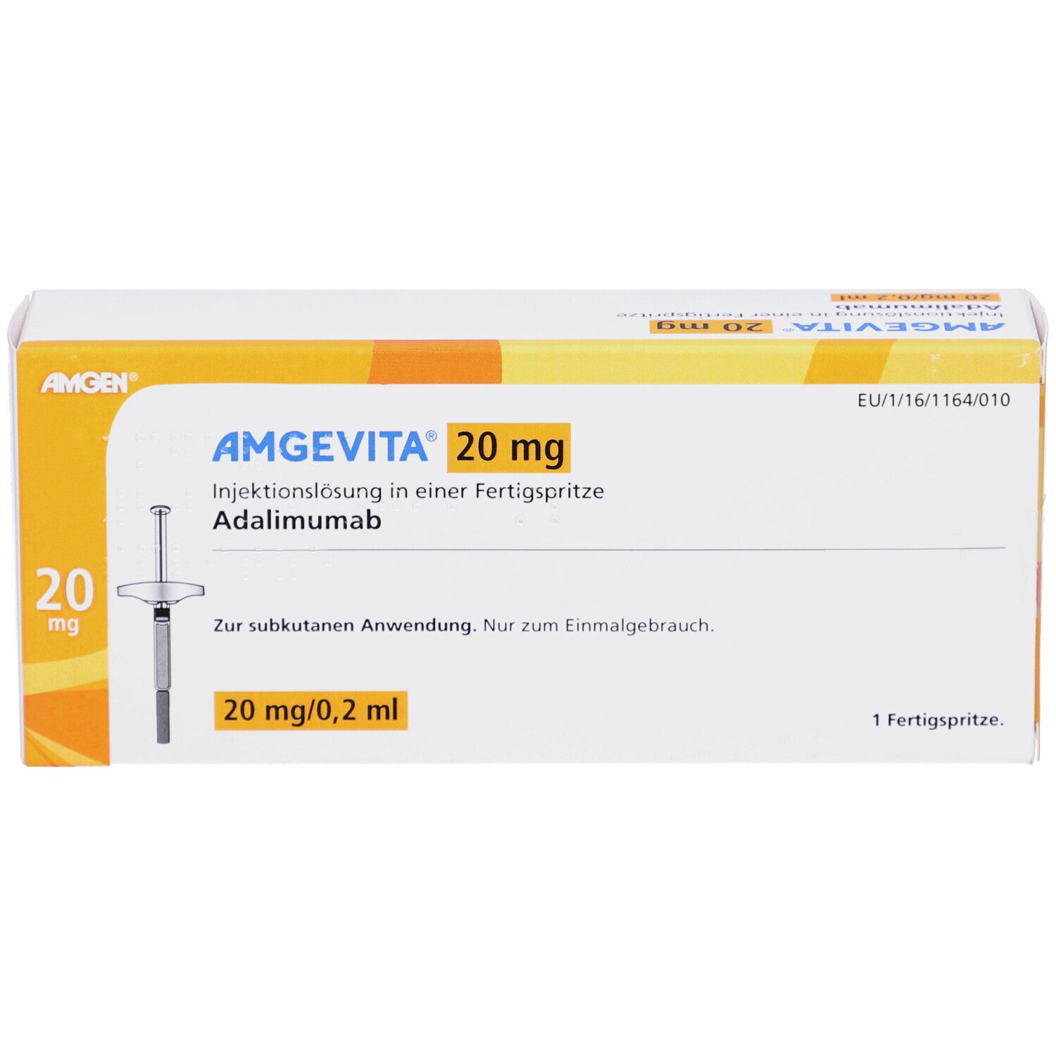 AMGEVITA 20 mg Fertigspr., Adalimumab. Weiße Schachtel mit gelben Akzenten. Produktabbildung mit Spritze.