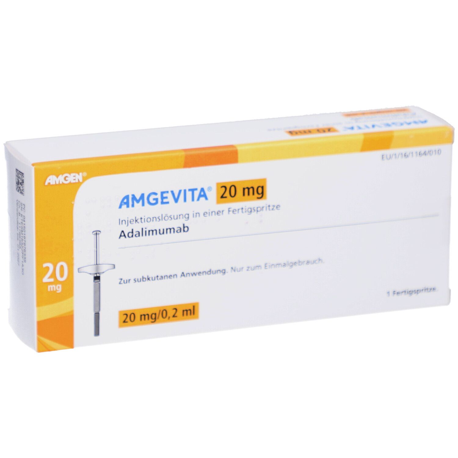 AMGEVITA 20 mg Fertigspr., Adalimumab. Weiße Schachtel mit gelben Akzenten. Produktabbildung mit Spritze.