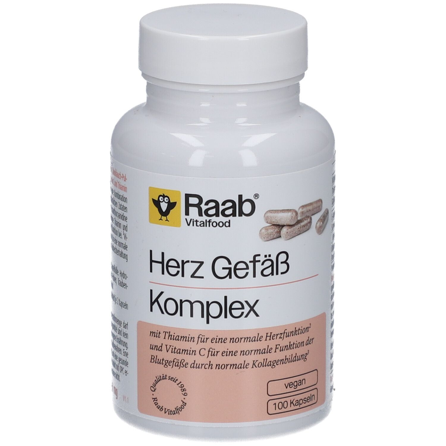 Weiße Flasche mit Kapseln. Aufschrift: Herz Gefäß Komplex, Raab Vitalfood. 100 Kapseln, vegan.