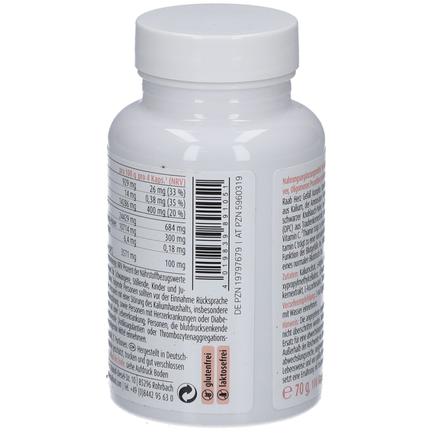 Rückseite der weißen Flasche. Text: Nährwertangaben, Inhaltsstoffe, Verzehrempfehlung. Glutenfrei, laktosefrei.