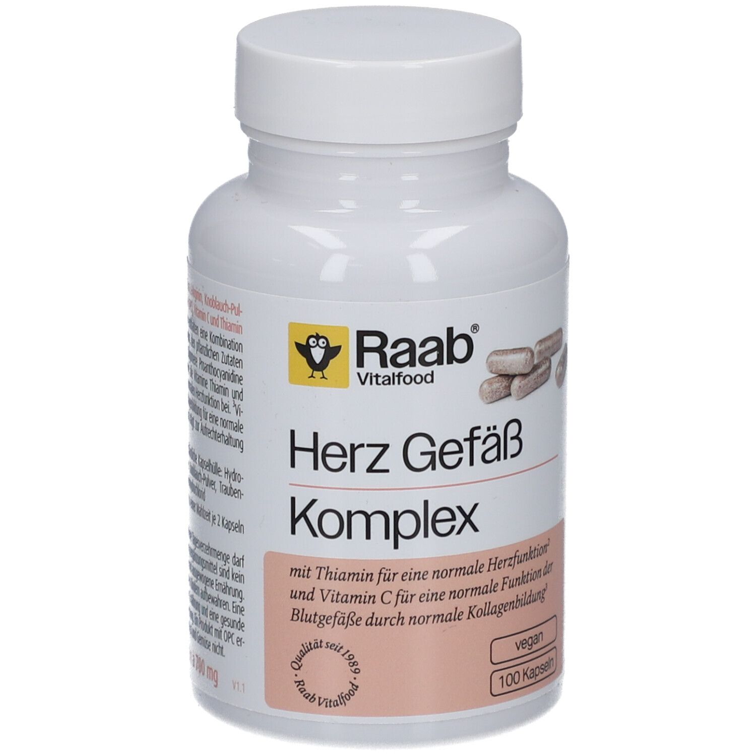 Weiße Flasche mit Kapseln. Aufschrift: Herz Gefäß Komplex, Raab Vitalfood. 100 Kapseln, vegan.