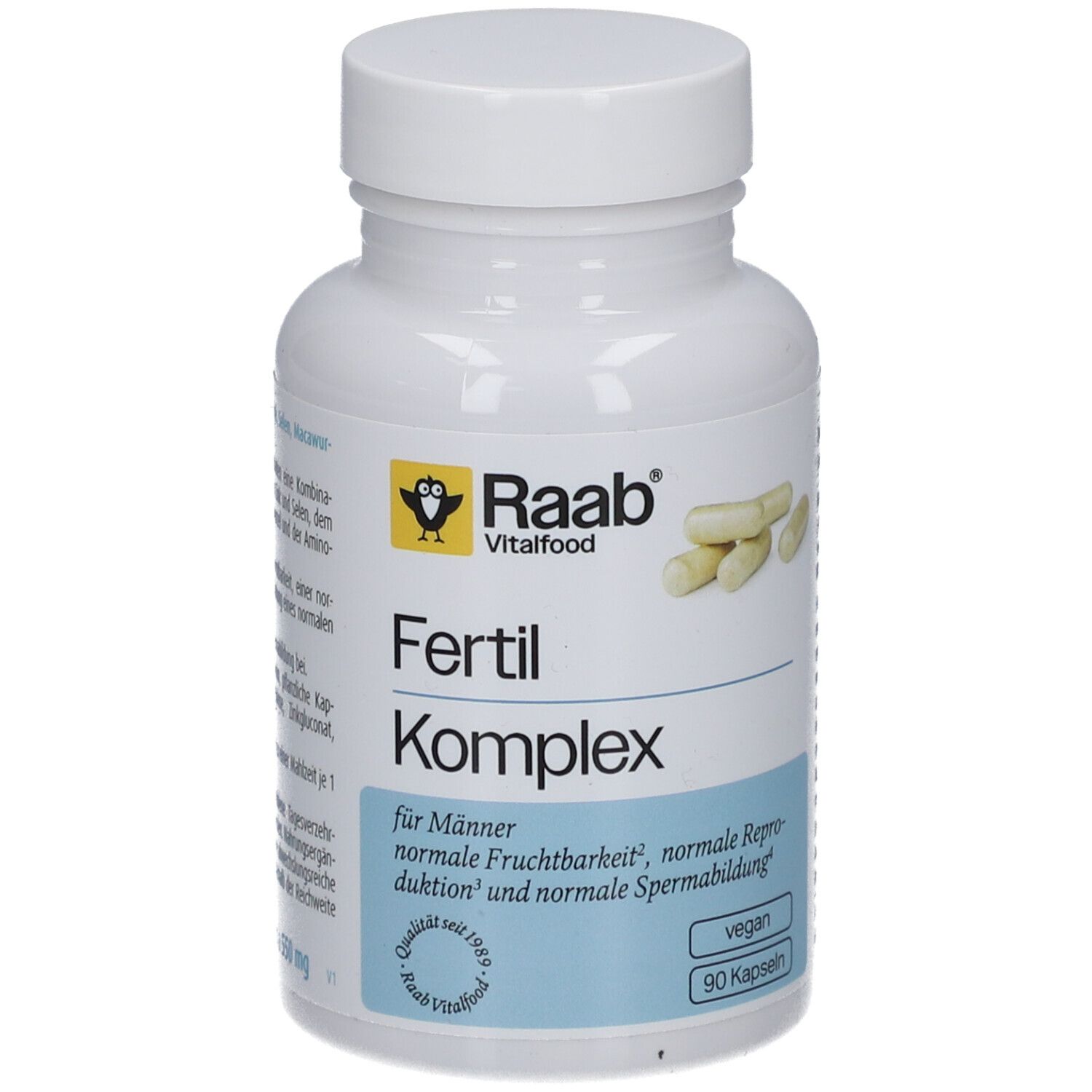 Weiße Flasche mit Raab Vitalfood Fertil Komplex Kapseln für Männer. 90 Kapseln, vegan.
