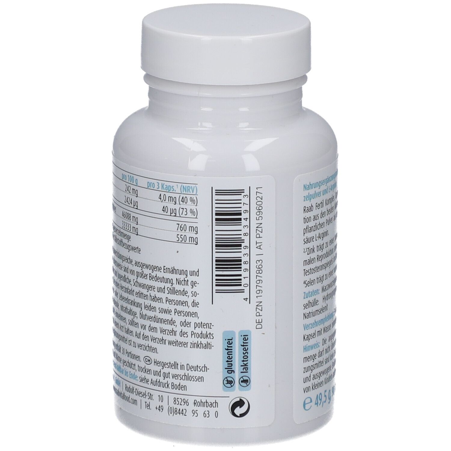 Rückseite der weißen Flasche Raab Vitalfood Fertil Komplex Kapseln. Nährwertangaben, glutenfrei, laktosefrei.