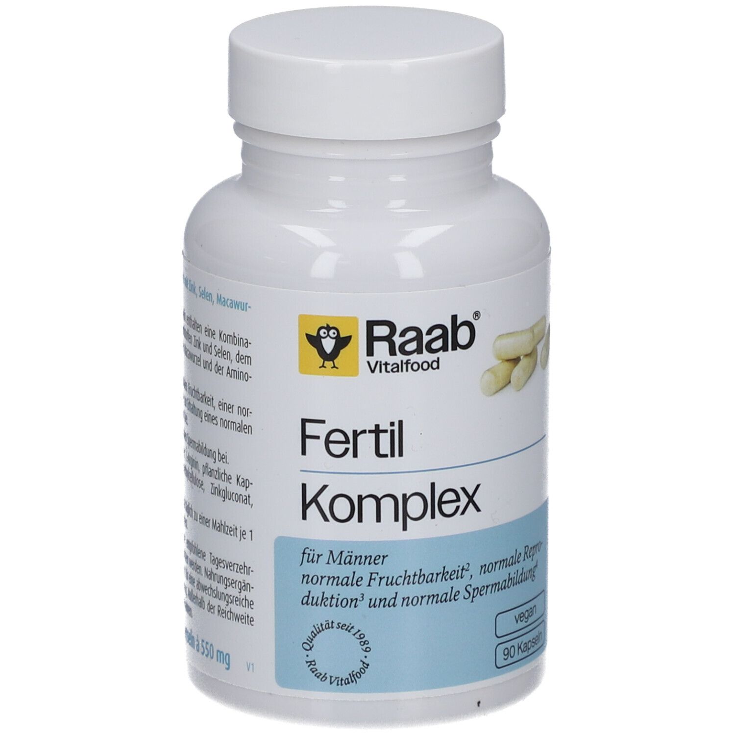 Weiße Flasche Raab Vitalfood Fertil Komplex Kapseln für Männer. 90 Kapseln, vegan.