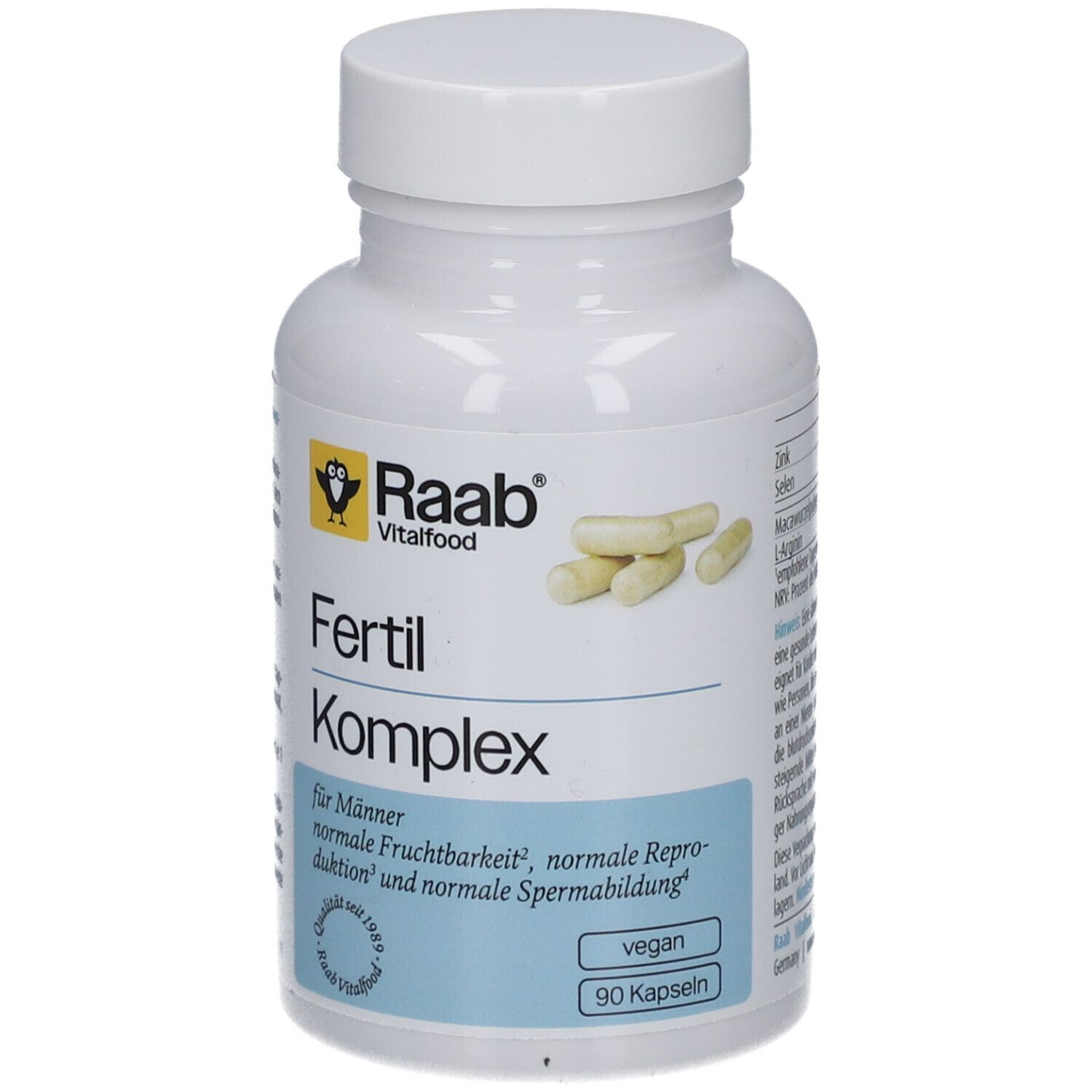 Weiße Flasche Raab Vitalfood Fertil Komplex Kapseln für Männer. 90 Kapseln, vegan.