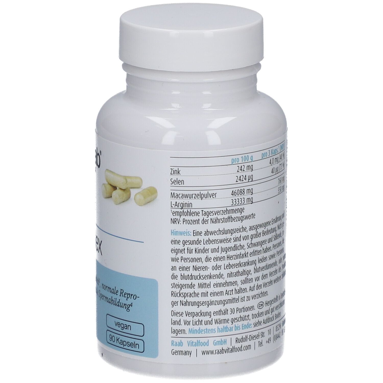 Rückseite der weißen Flasche Raab Vitalfood Fertil Komplex Kapseln. Nährwertangaben, Inhaltsstoffe.
