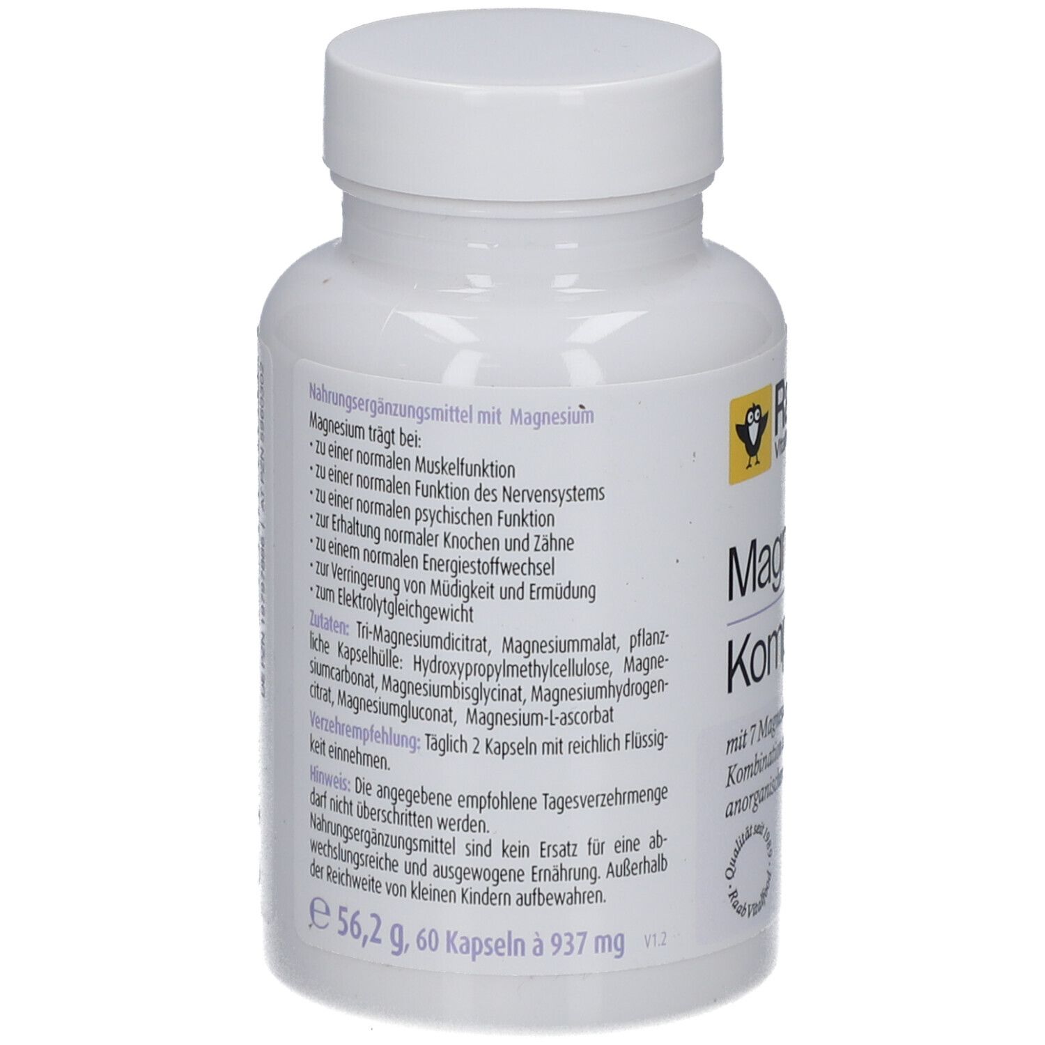 Rückseite der weißen Flasche Raab Magnesium Komplex. Text über Magnesium, Inhaltsstoffe, Gewicht 56,2 g, 60 Kapseln.