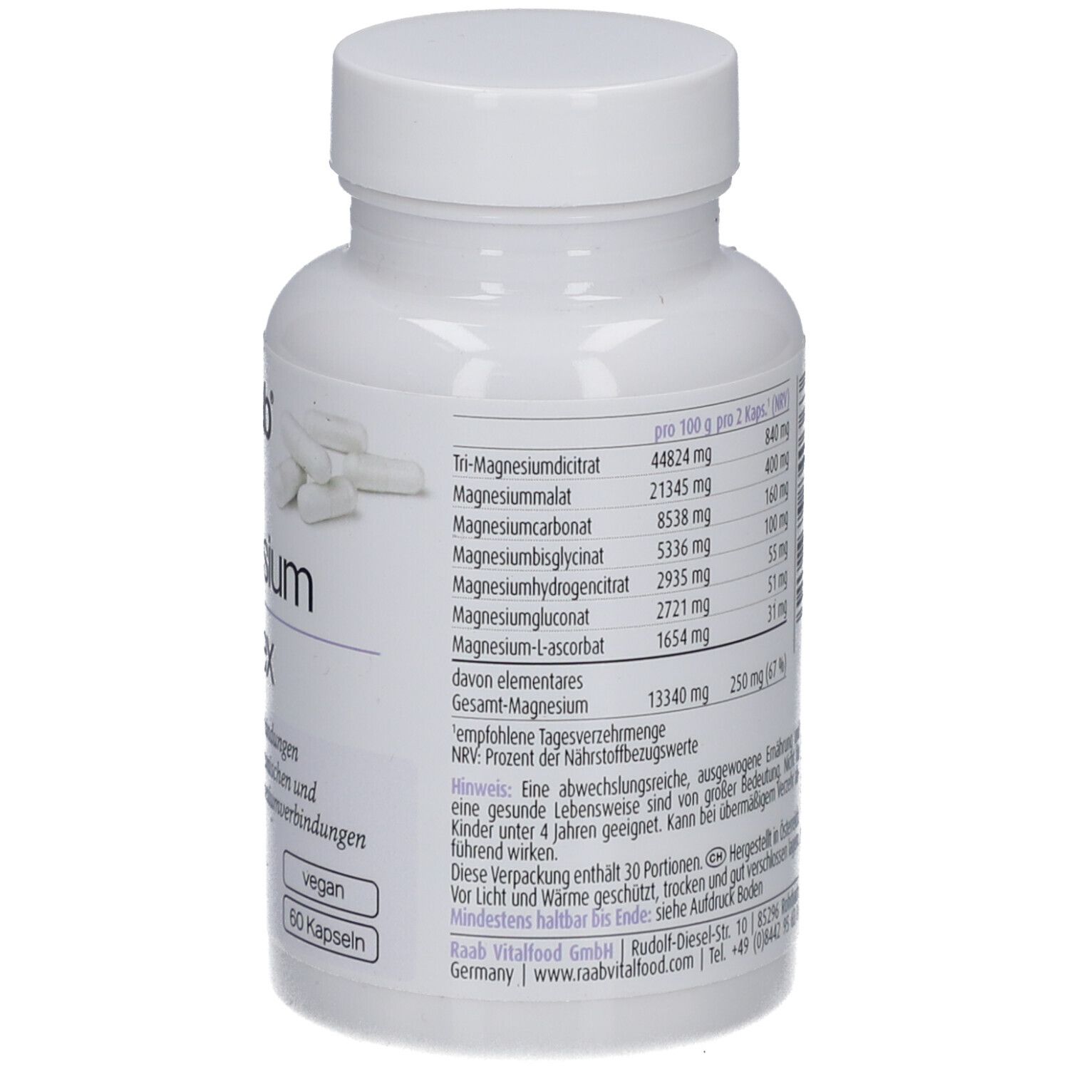 Rückseite der weißen Flasche Raab Magnesium Komplex. Nährwerttabelle, Inhaltsstoffe, 60 Kapseln, vegan. Kapseln sichtbar.
