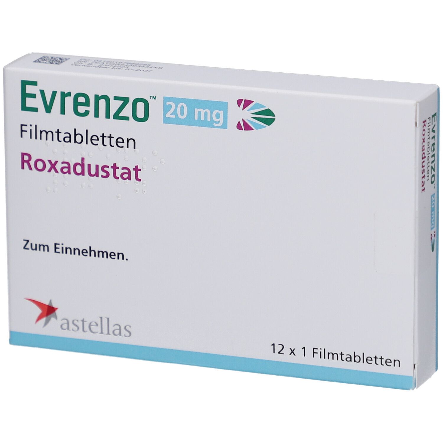 Schachtel mit EVRENZO 20 mg Filmtabletten. Aufschrift: Roxadustat, 12 x 1 Filmtabletten. Astellas Logo.