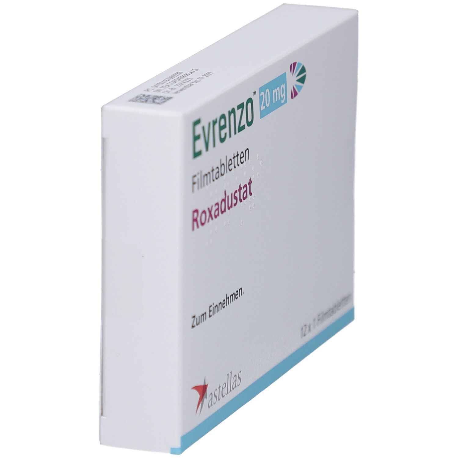 Schachtel EVRENZO 20 mg, Seitenansicht. Aufschrift: Roxadustat, 12 x 1 Filmtabletten. Astellas Logo.