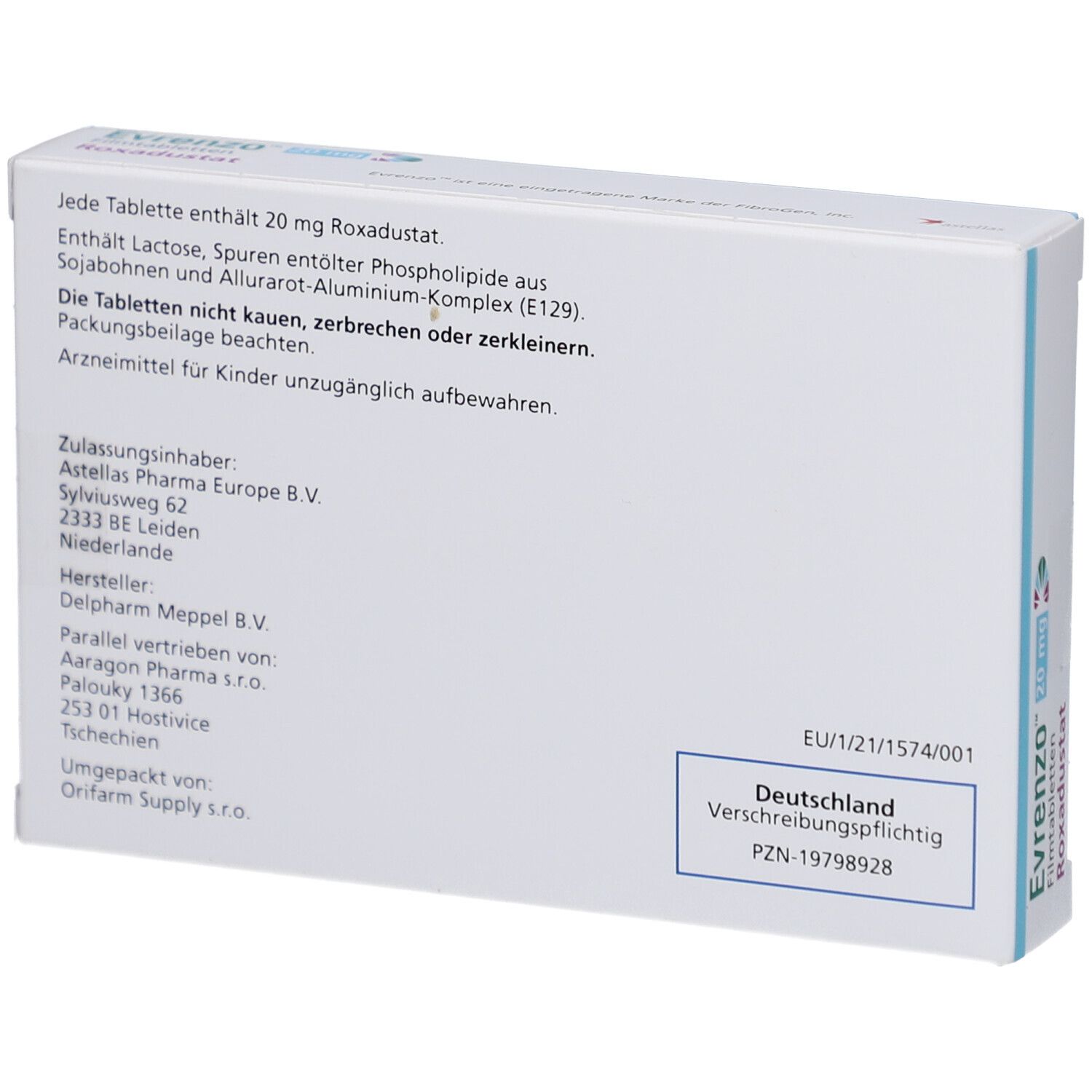 Rückseite der EVRENZO 20 mg Schachtel. Enthält Informationen zu Inhaltsstoffen, Hersteller und Zulassung.