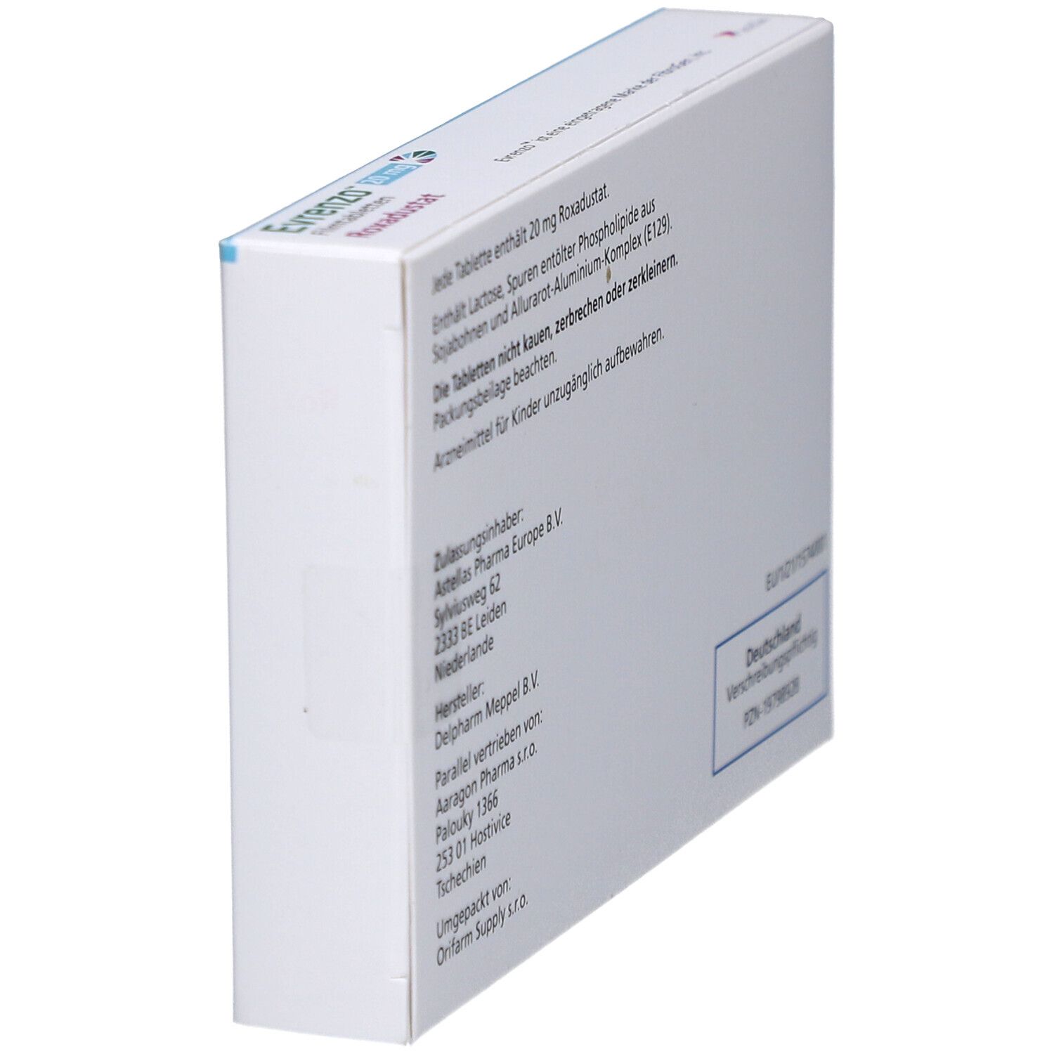 Seitenansicht der EVRENZO 20 mg Schachtel. Textinformationen und Zulassungshinweise.
