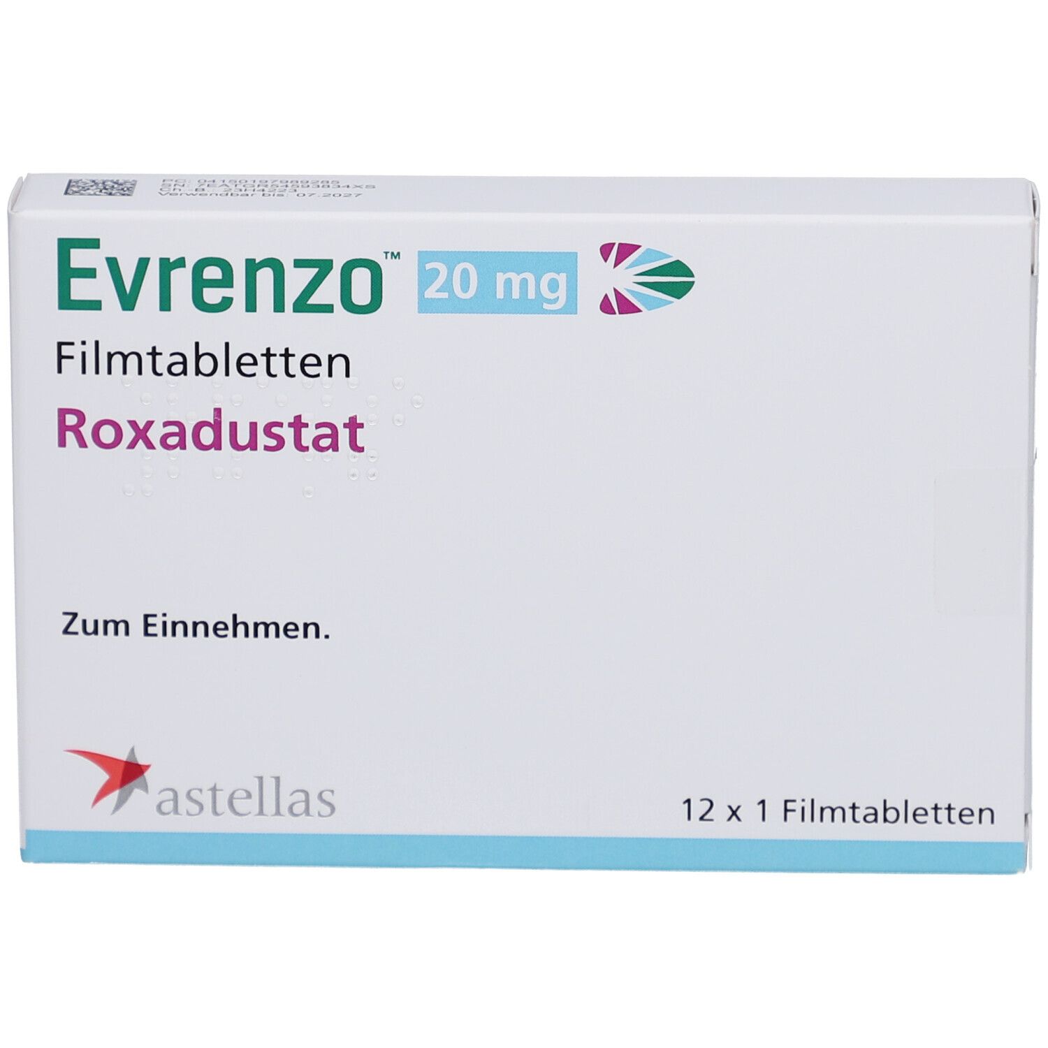 Schachtel mit EVRENZO 20 mg Filmtabletten. Aufschrift: Roxadustat, 12 x 1 Filmtabletten. Astellas Logo.