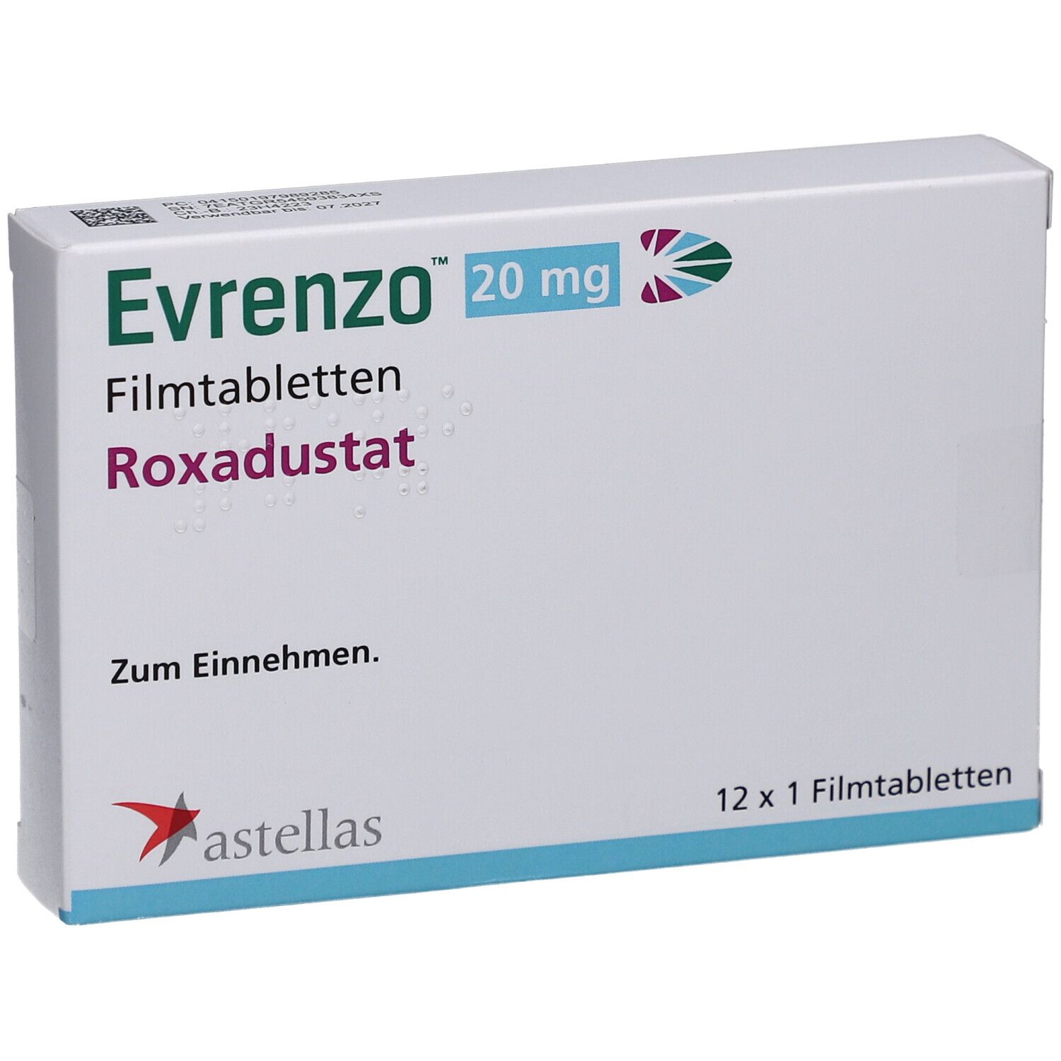 Schachtel mit EVRENZO 20 mg Filmtabletten. Aufschrift: Roxadustat, 12 x 1 Filmtabletten. Astellas Logo.