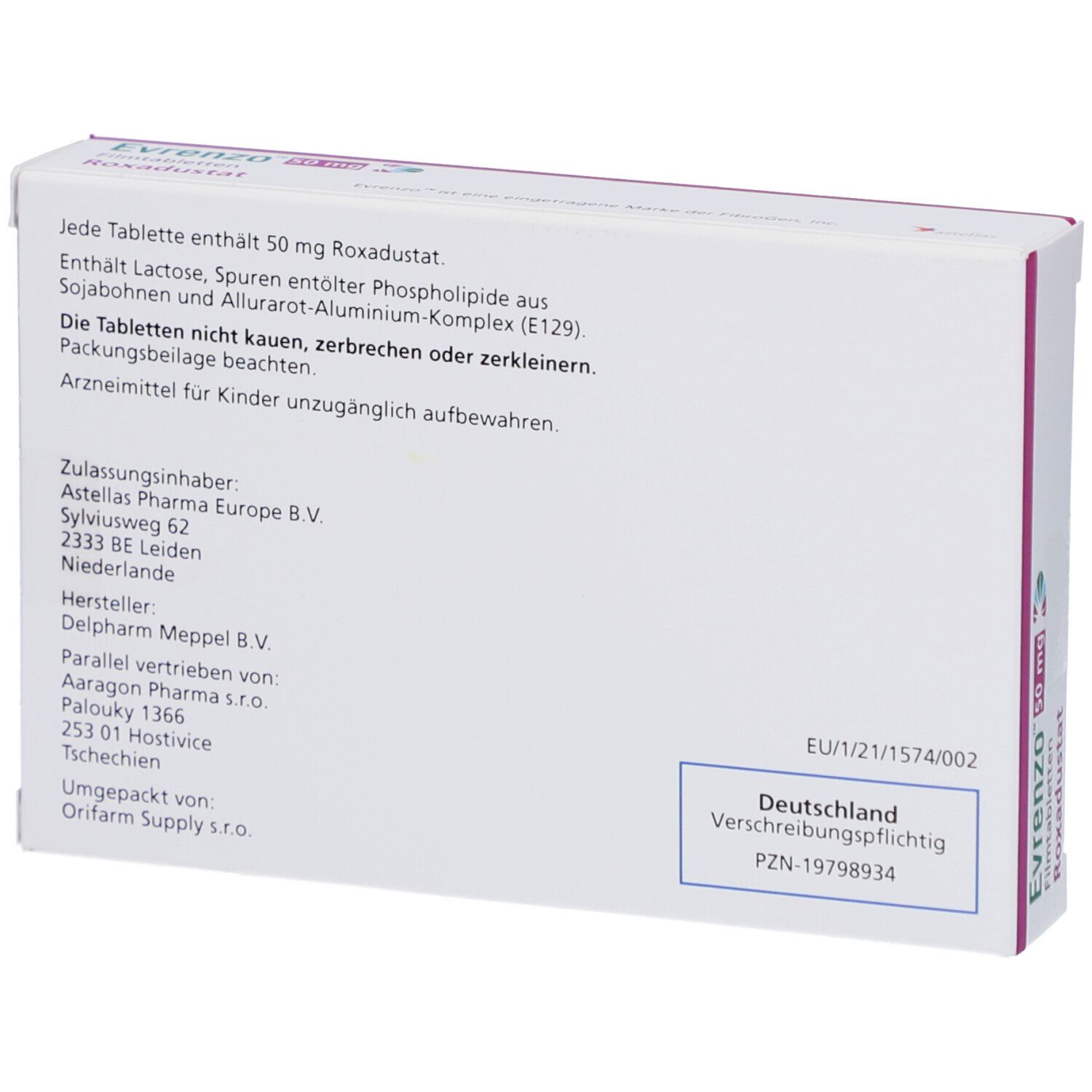 Rückseite der EVRENZO 50 mg Filmtabletten-Schachtel. Enthält Informationen zu Inhaltsstoffen, Hersteller, und Zulassung. Text in Deutsch.