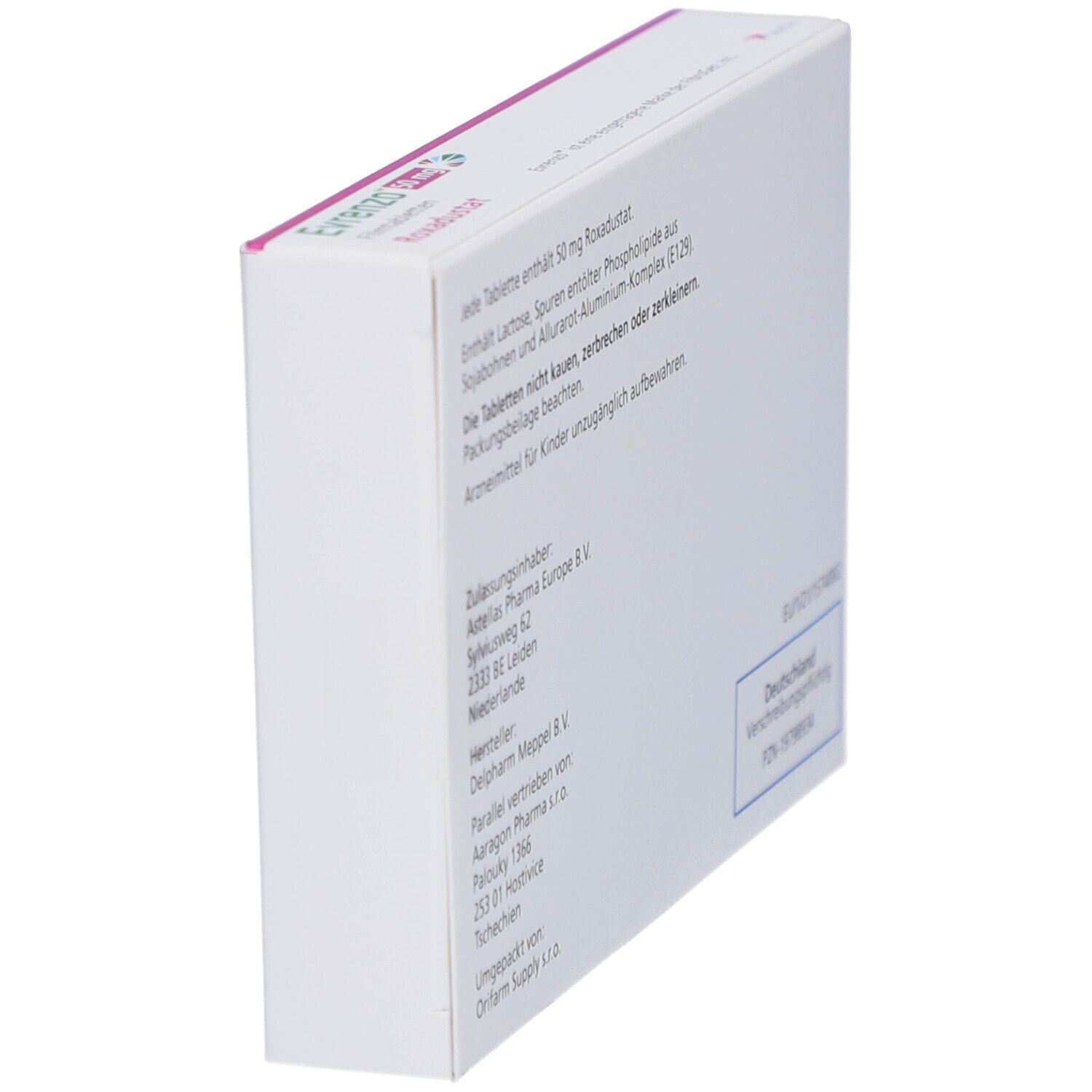 Seitenansicht der EVRENZO 50 mg Filmtabletten-Schachtel. Informationen zu Inhaltsstoffen und Hersteller. Text in Deutsch.