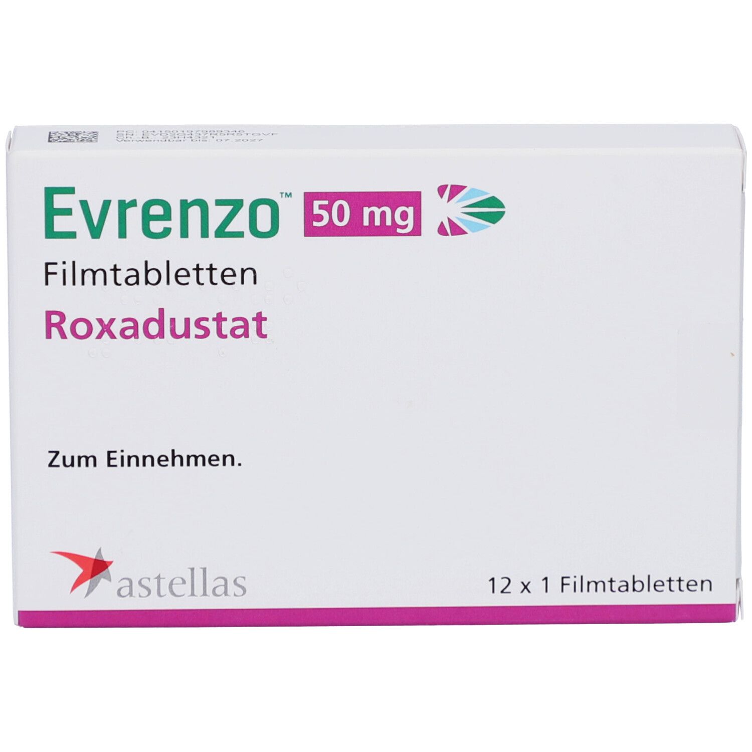 Schachtel mit EVRENZO 50 mg Filmtabletten. Aufschrift: Evrenzo, 50 mg, Filmtabletten, Roxadustat. Zum Einnehmen. Astellas Logo. 12 x 1 Filmtabletten.