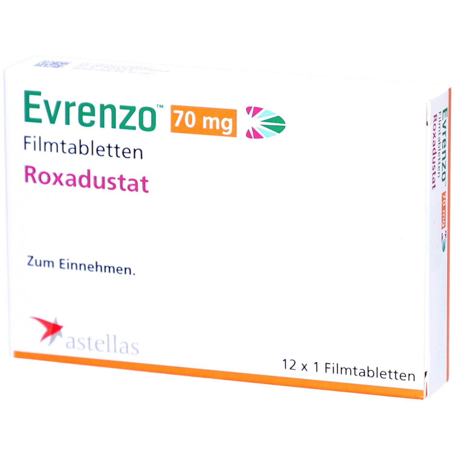 Schachtel mit EVRENZO 70 mg Filmtabletten. Aufschrift: Roxadustat, 12 x 1 Filmtabletten. Astellas Logo.