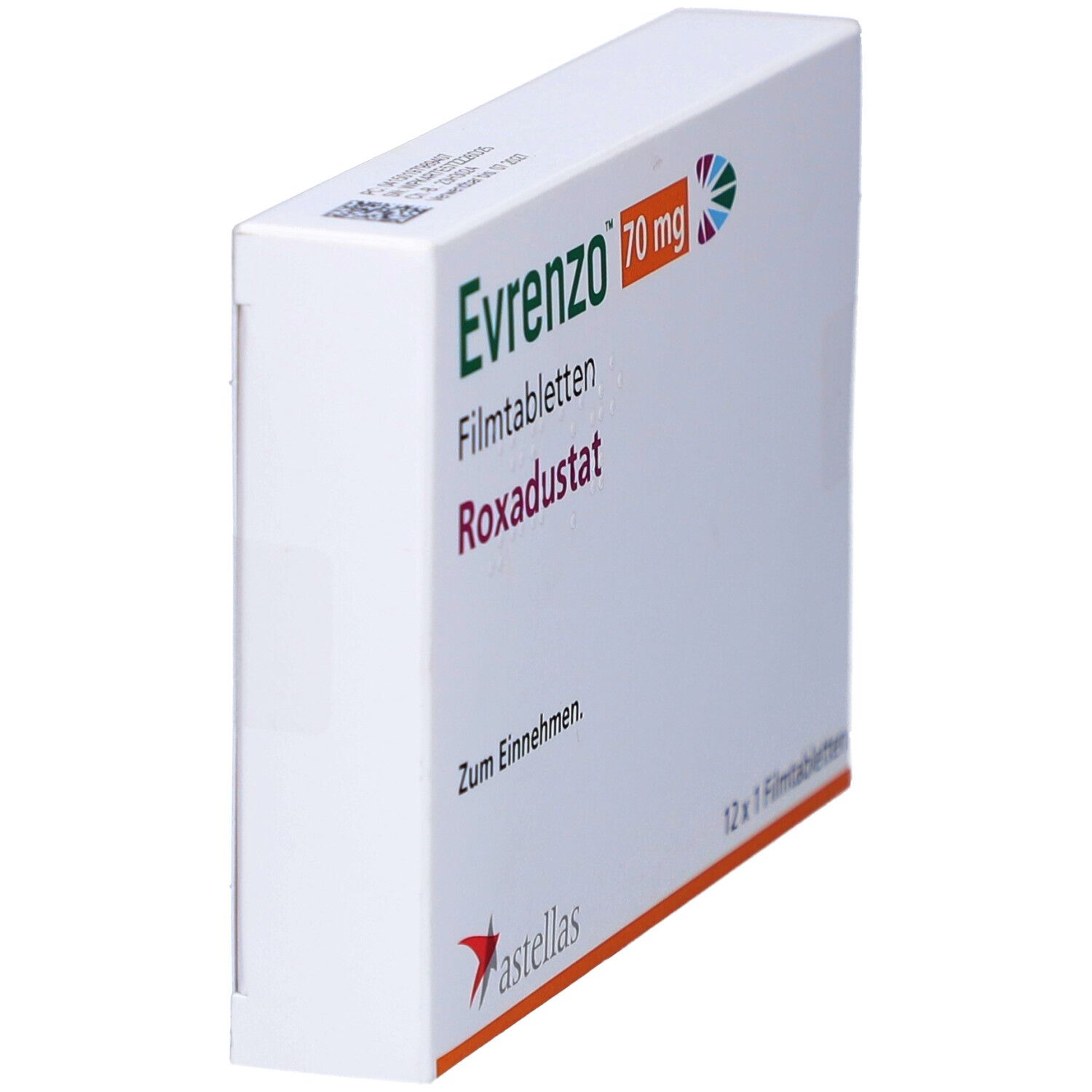 Schachtel EVRENZO 70 mg Filmtabletten. Seitenansicht. Aufschrift: Roxadustat, 12 x 1 Filmtabletten. Astellas Logo.