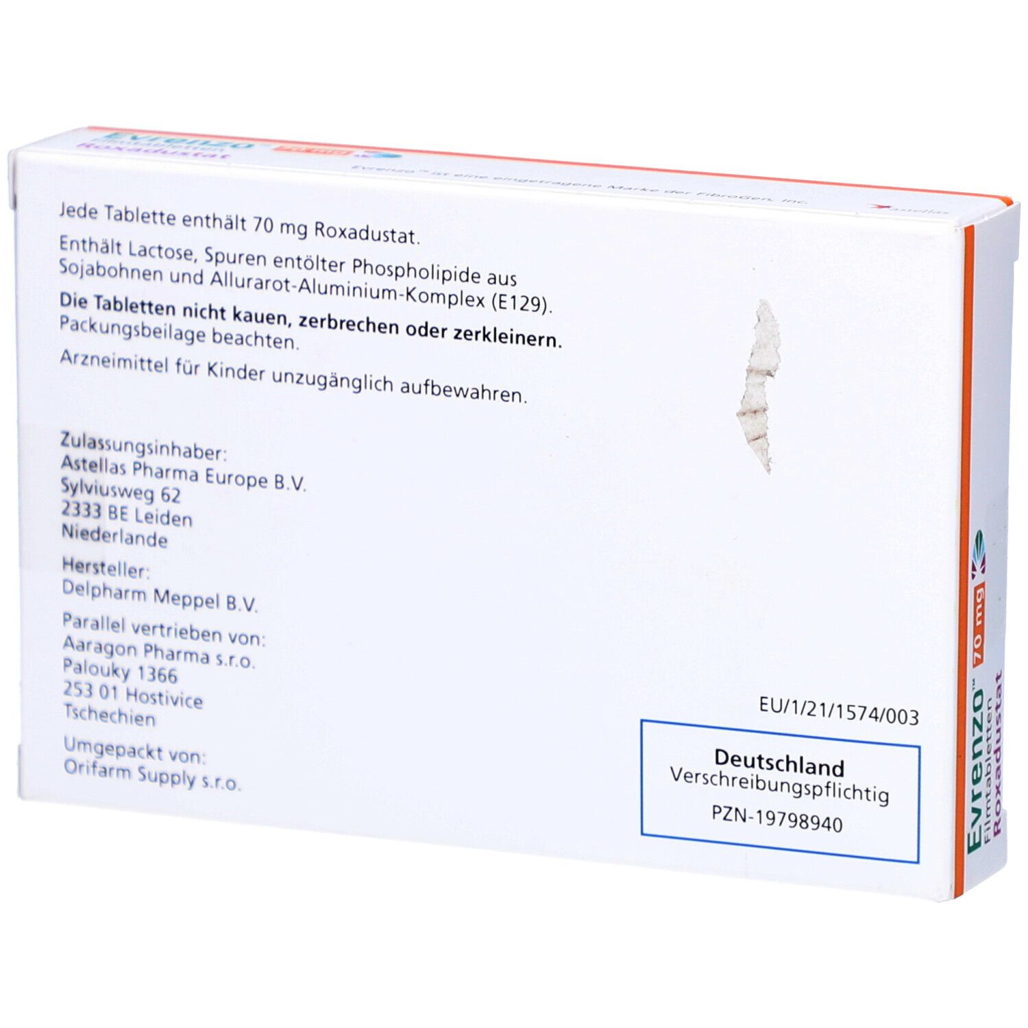 Rückseite der EVRENZO 70 mg Filmtabletten-Schachtel. Text: Inhaltsstoffe, Hersteller, Zulassung, PZN-19798940.