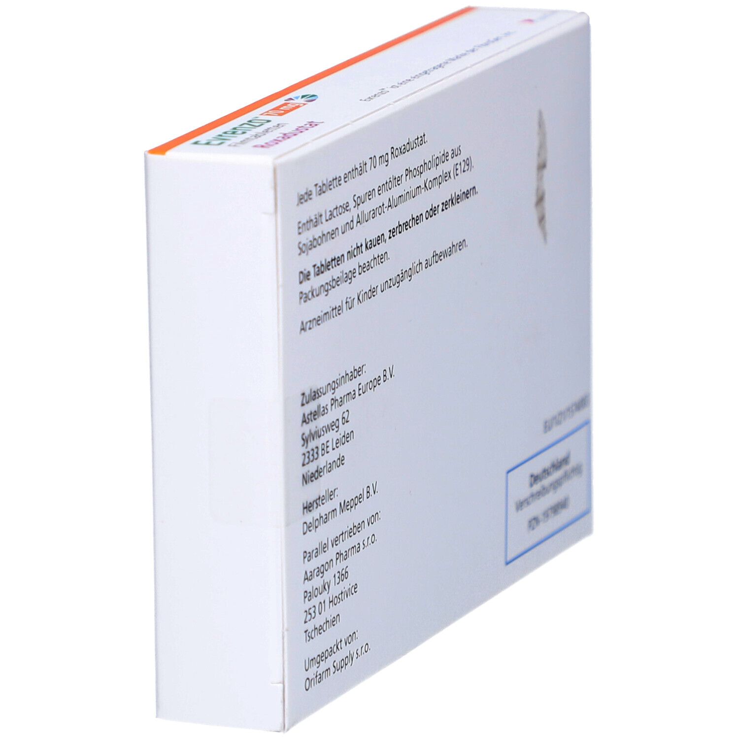 Seitenansicht der EVRENZO 70 mg Filmtabletten-Schachtel. Text: Inhaltsstoffe, Hersteller, Zulassung, PZN-19798940.