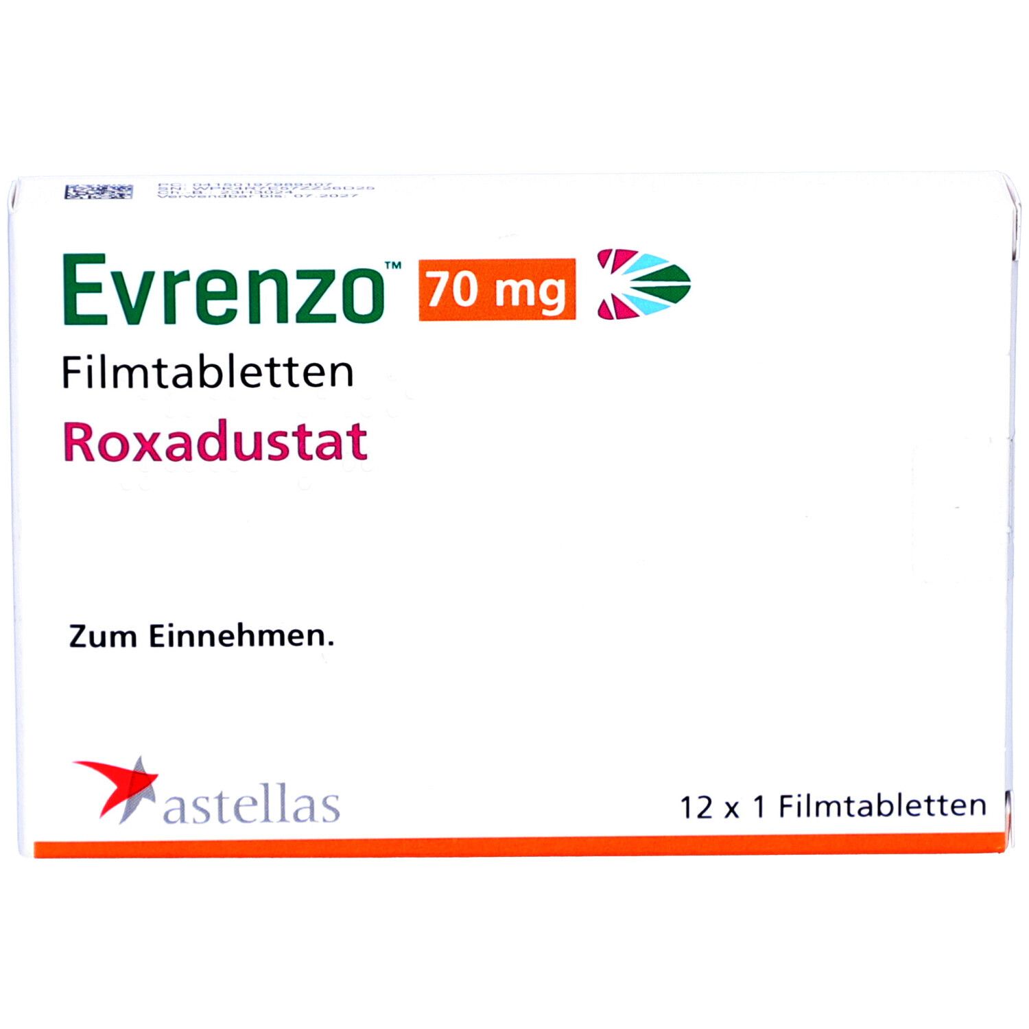 Schachtel mit EVRENZO 70 mg Filmtabletten. Aufschrift: Roxadustat, 12 x 1 Filmtabletten. Astellas Logo.