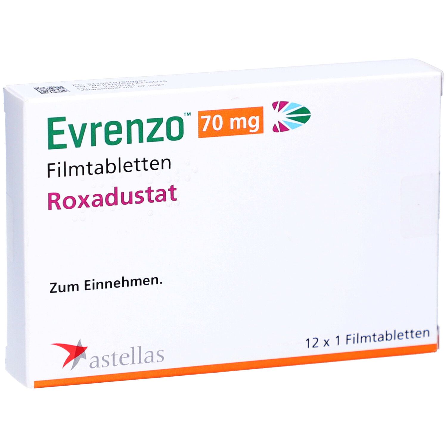 Schachtel mit EVRENZO 70 mg Filmtabletten. Aufschrift: Roxadustat, 12 x 1 Filmtabletten. Astellas Logo.