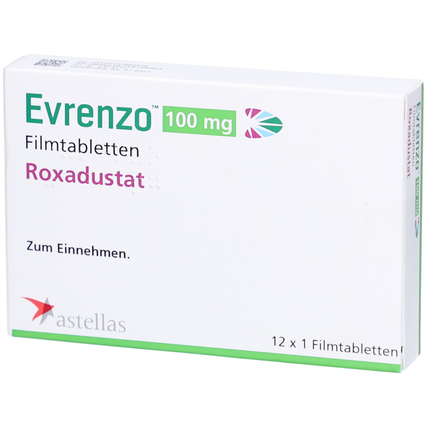 Weiße Faltschachtel mit "Evrenzo 100 mg Filmtabletten". Text: Roxadustat, Zum Einnehmen. Astellas Logo. 12 x 1 Filmtabletten.