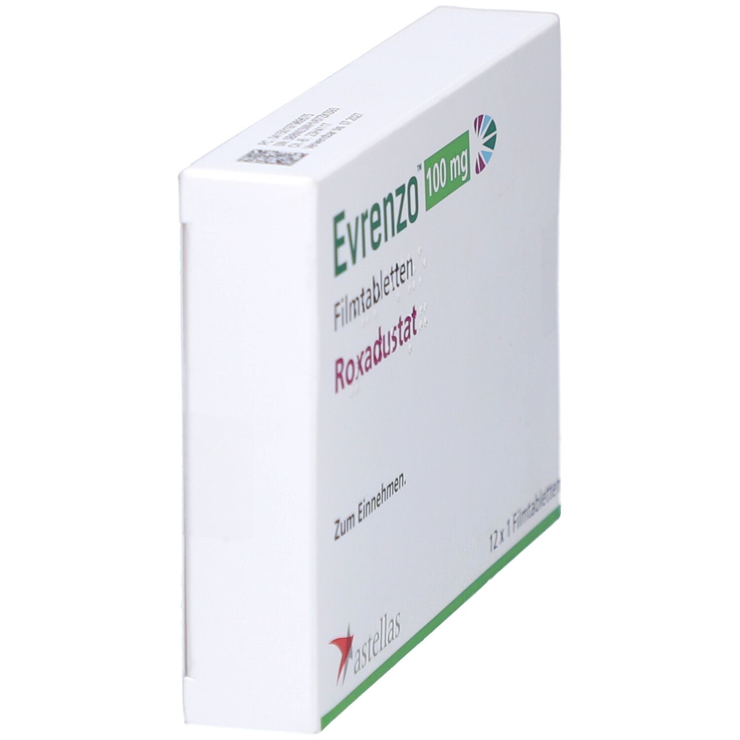 Weiße Faltschachtel "Evrenzo 100 mg Filmtabletten" in Schrägansicht. Text: Roxadustat, Zum Einnehmen. Astellas Logo. 12 x 1 Filmtabletten.