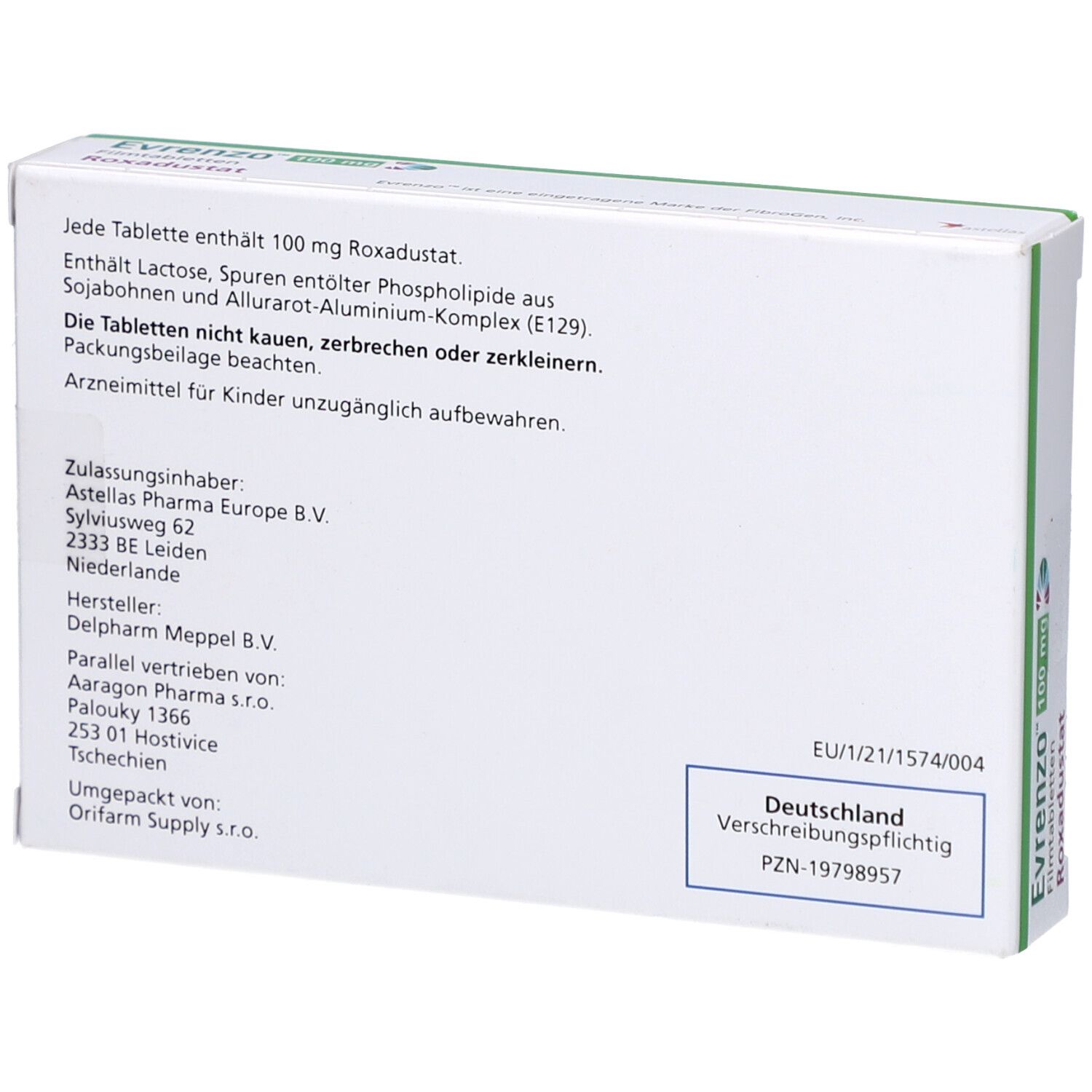 Rückseite der Faltschachtel. Text: Zusammensetzung, Hinweise, Hersteller, Importeur, PZN-19798957, EU-Zulassung. Grün umrandet.